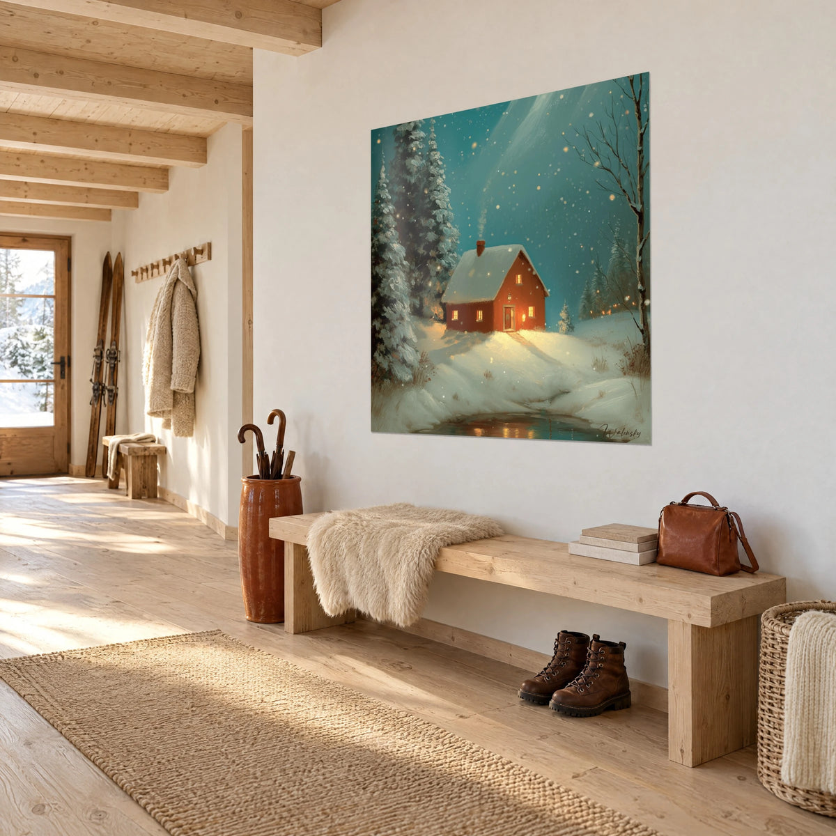 Cuadro casita carmesí de ventanas doradas, cielo turquesa salpicado de copos de nieve, sobre una pared blanca de entrada en madera clara