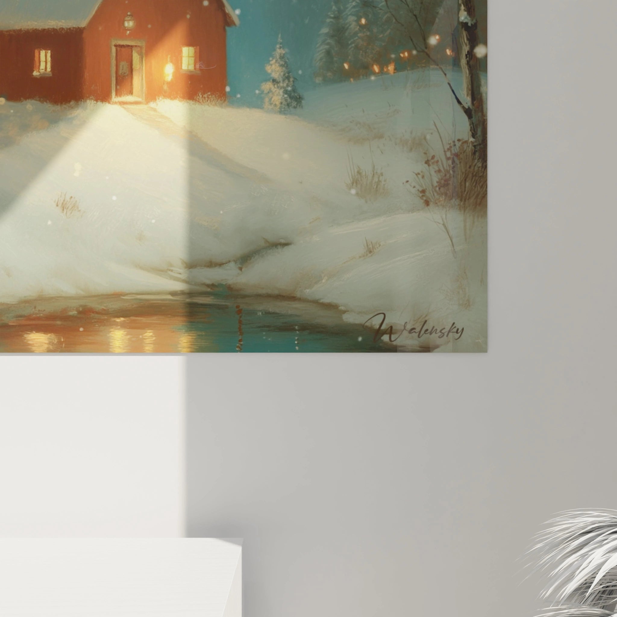 tableau chalet hiver lueur ambrée par Walensky tableau mural chalet rouge sous la neige reflet ambré sur l eau