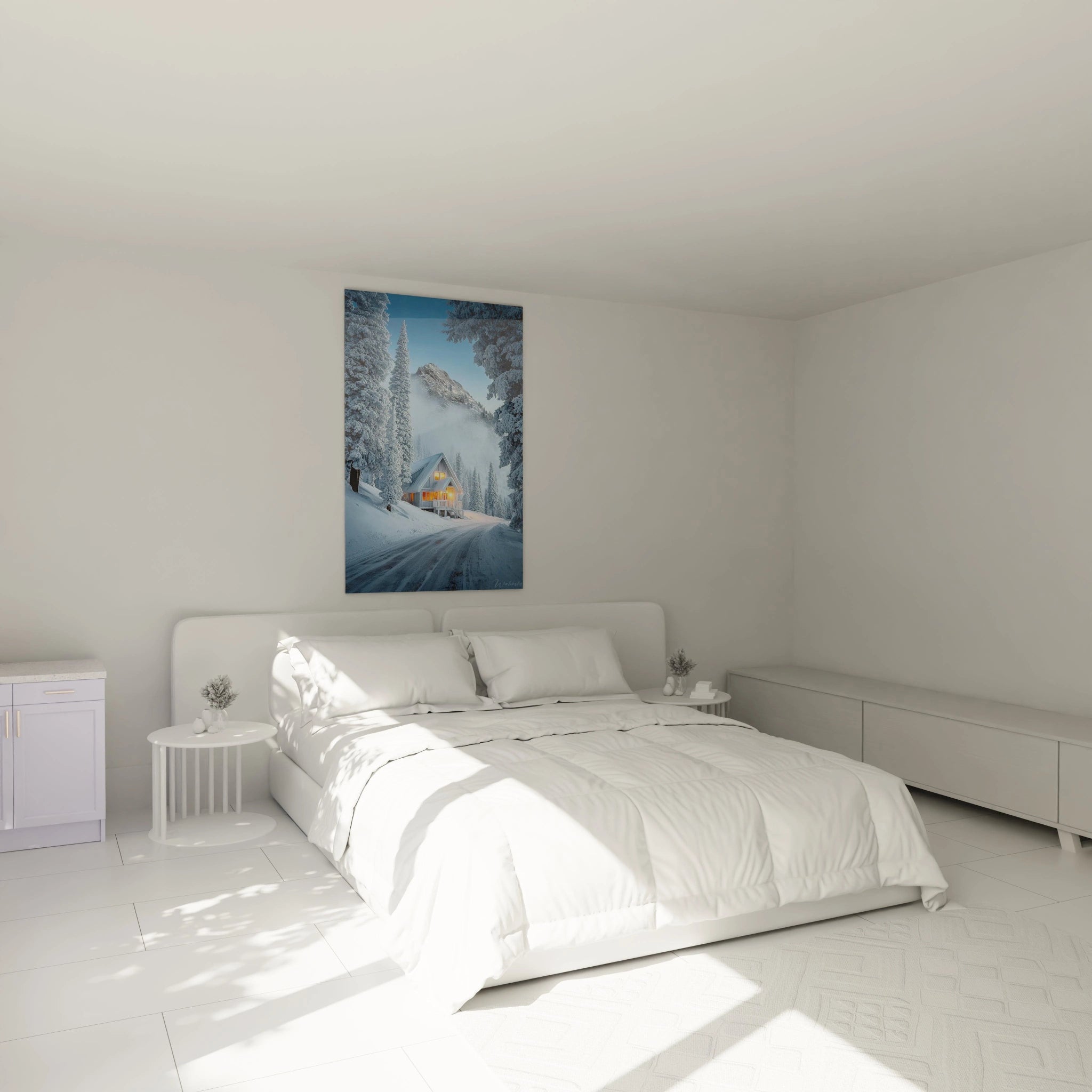 Tableau mural Walensky avec tableau chalet hiver lumineux suspendu au dessus d un lit blanc dans une chambre minimaliste
