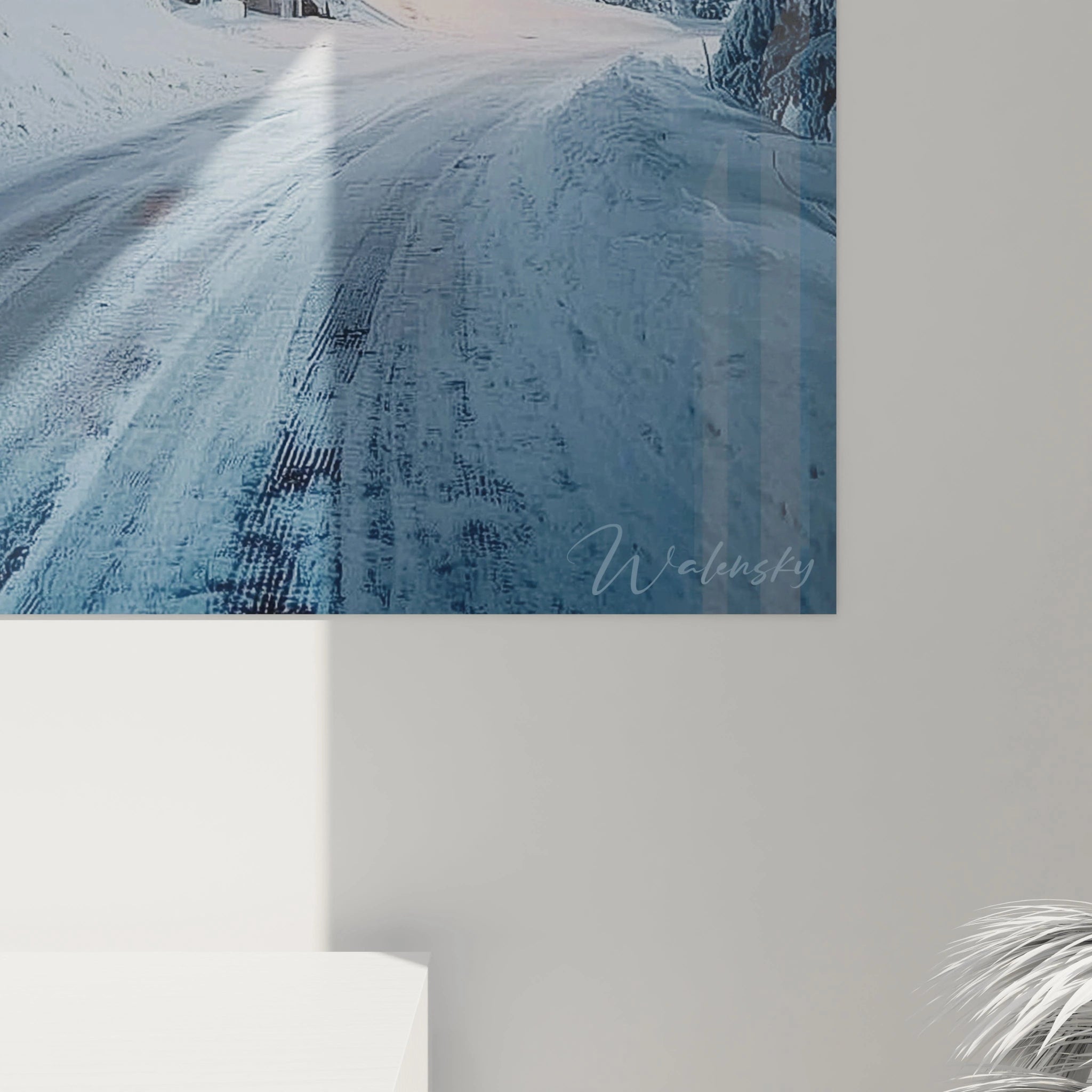 Tableau mural Walensky tableau chalet hiver lumineux route enneigée paysage hivernal signé pour décor