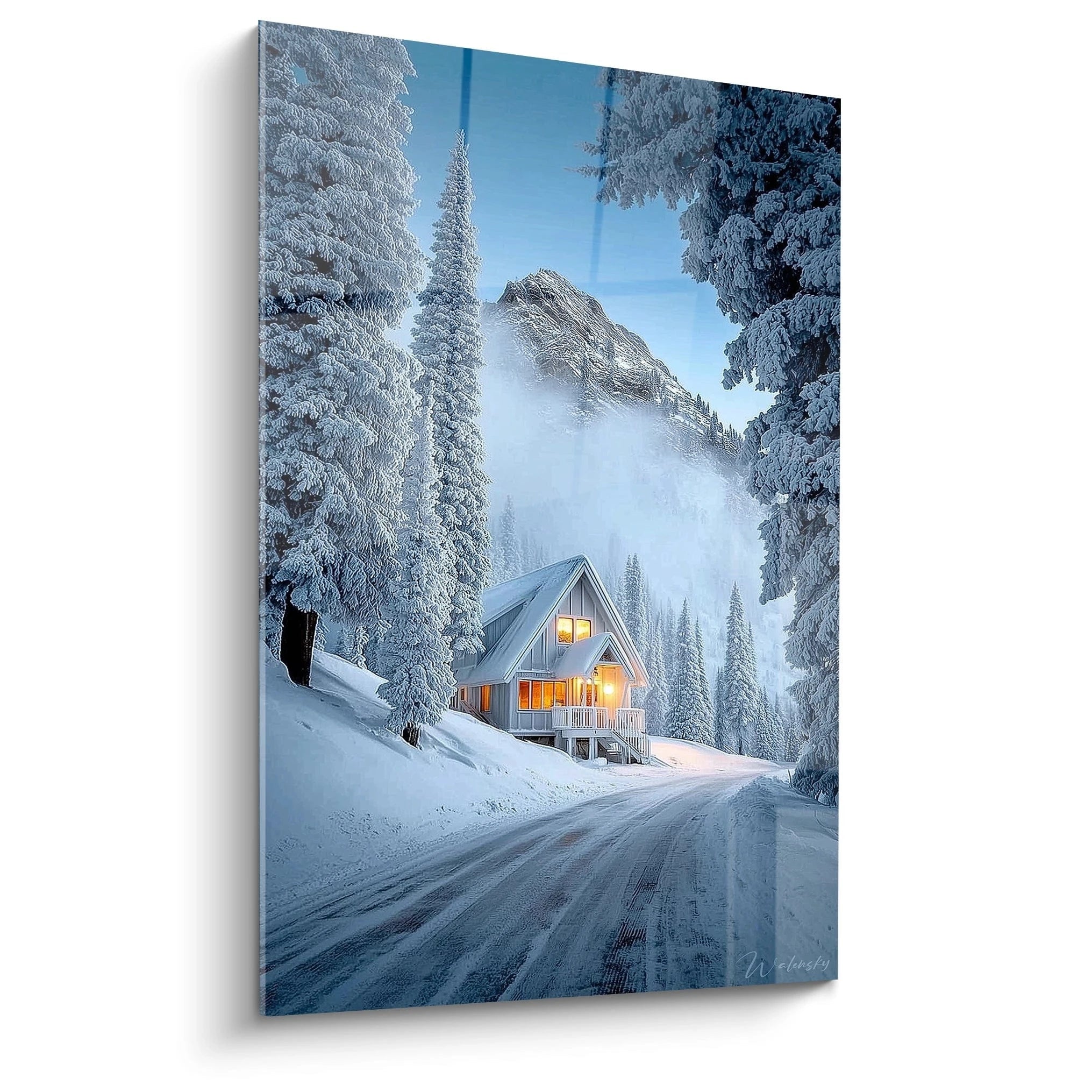 tableau chalet hiver lumineux Walensky montrant un chalet en bois enneigé éclairé au bord de la route forestière