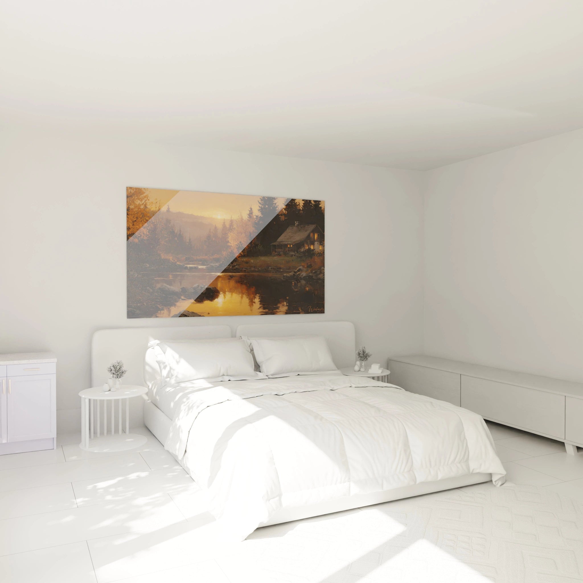 Tableau mural Walensky avec scène de chalet au bord du lac au coucher du soleil tableau chalet refuge chaleureux pour chambre