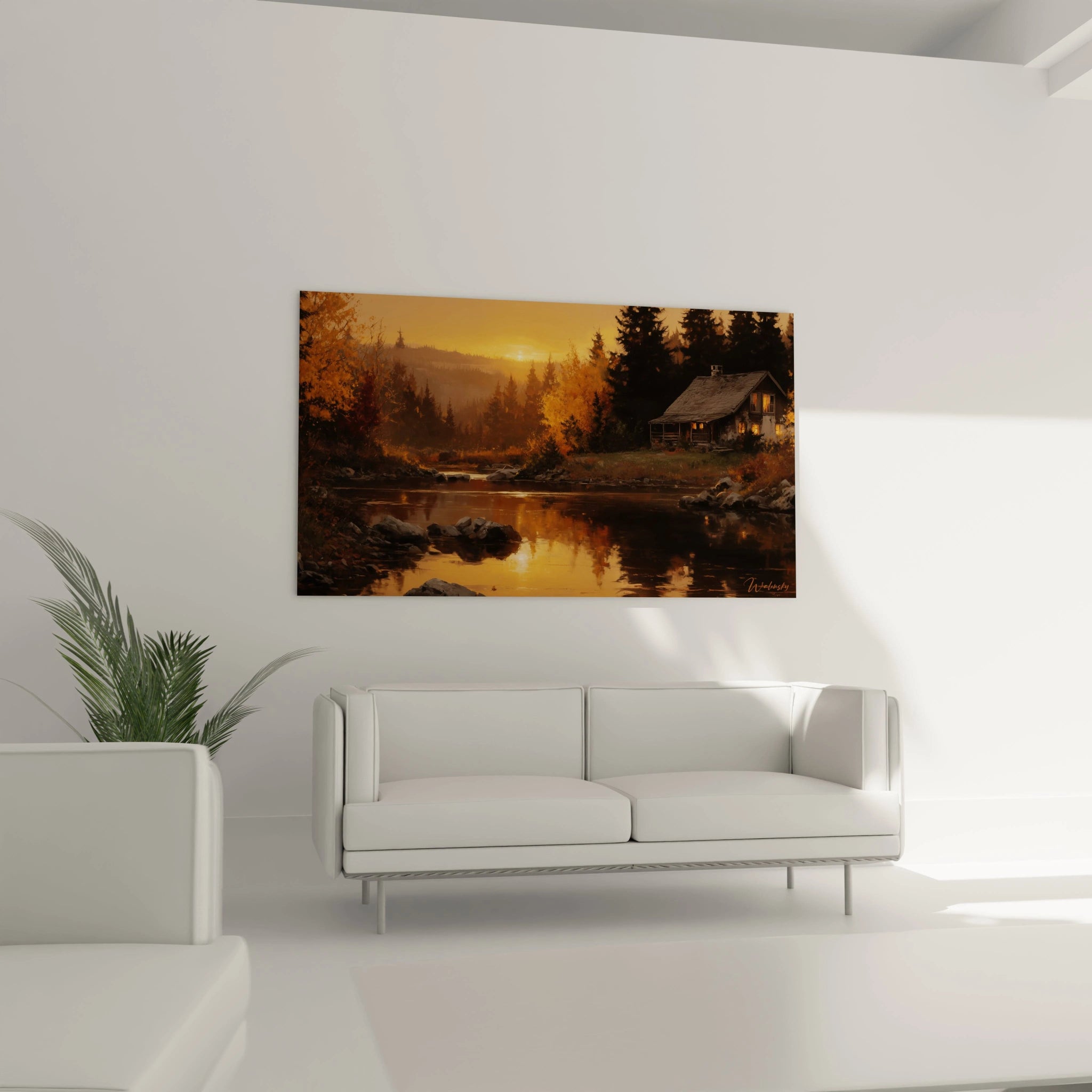 Tableau mural Walensky montrant un paysage au coucher de soleil cabane au bord de la rivière tableau chalet refuge chaleureux