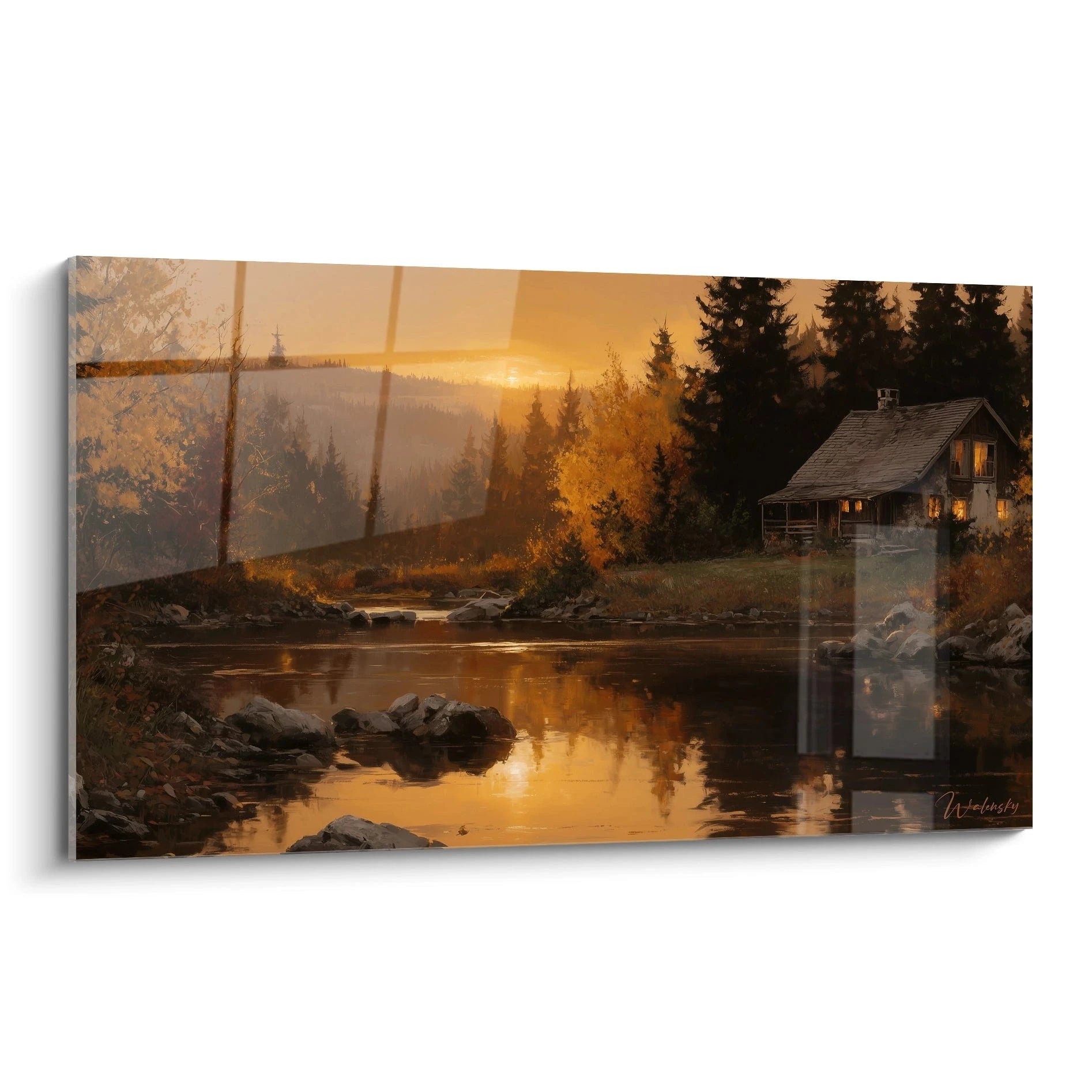 Tableau mural Walensky paysage automnal cabane au bord du lac au coucher du soleil tableau chalet refuge chaleureux