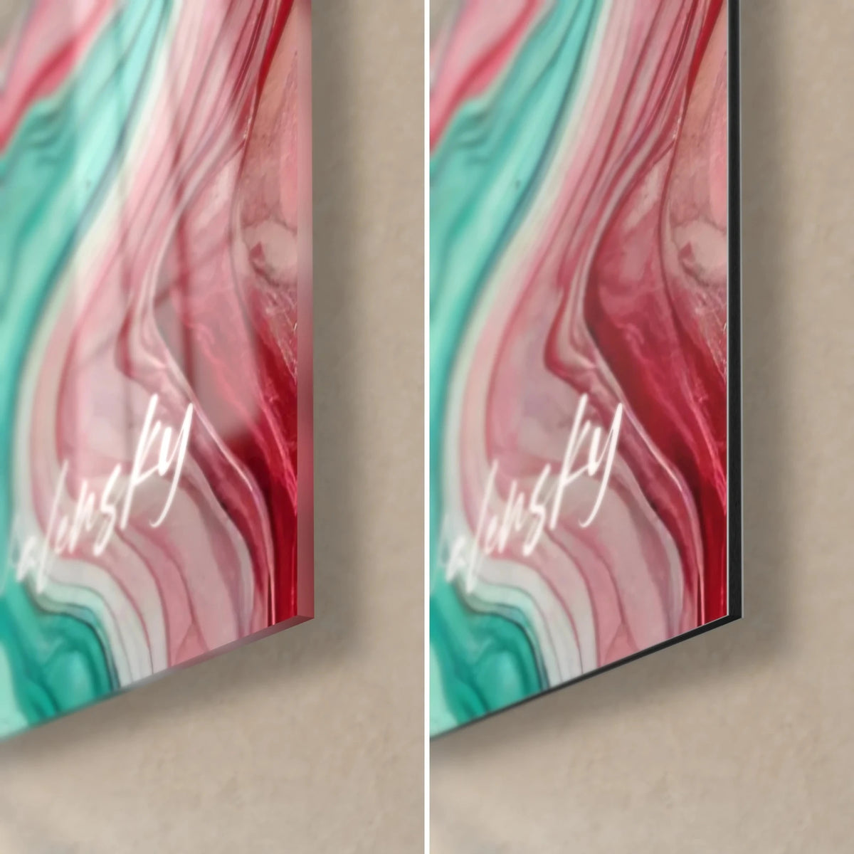Wall art with pale pink, turquoise and ruby drips, bottom right corner: glossy acrylic glass on the left, matte Dibond and edge on the right
