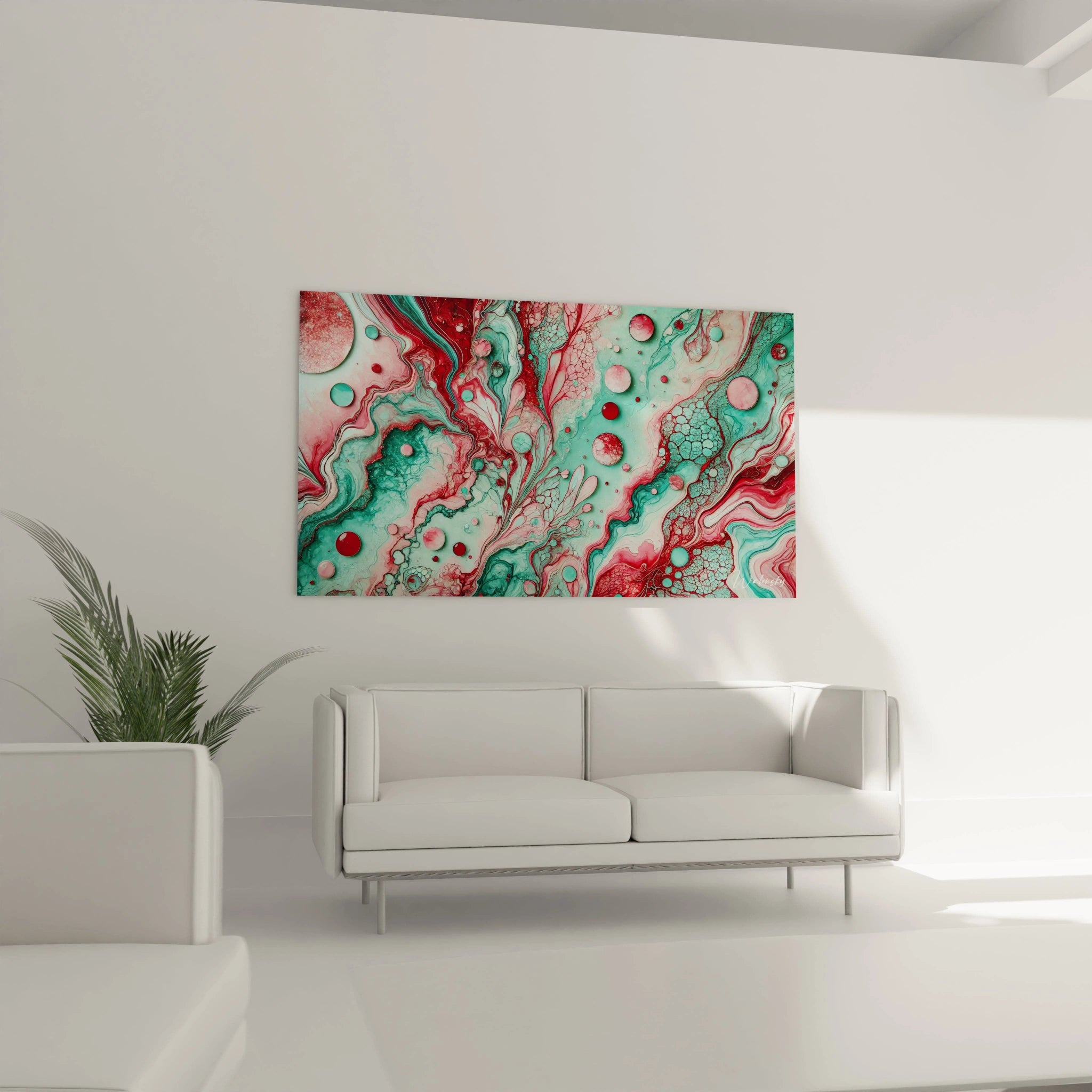 Tableau style epoxy accroché dans un salon élégant au-dessus du canapé. Le mélange de couleurs métalliques et de formes organiques s'intègre parfaitement dans un décor contemporain.