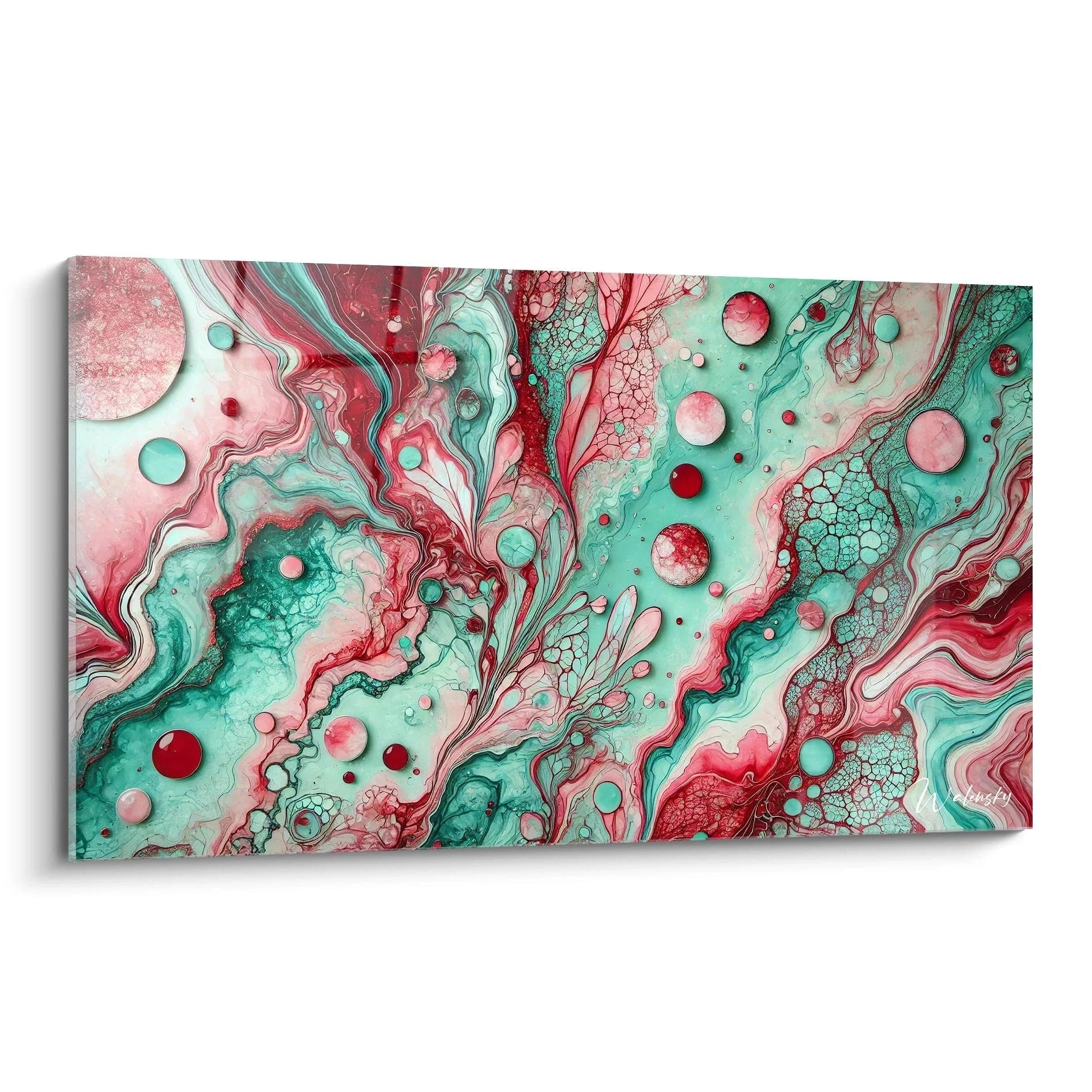 Vue en biais du tableau style epoxy avec des cercles organiques et fluides. Les teintes rouge, vert et or rose se mêlent pour créer une profondeur hypnotique et un équilibre visuel parfait.
