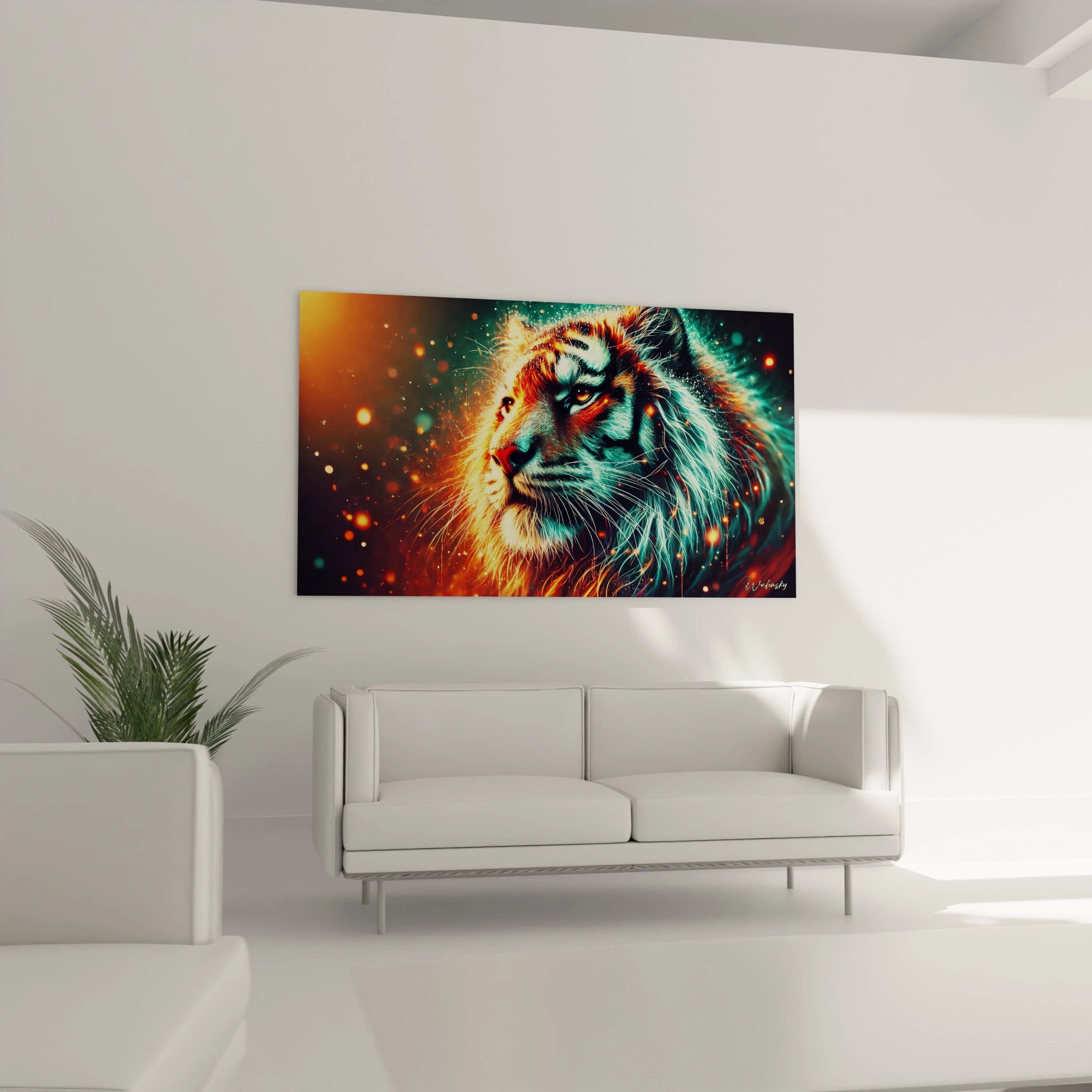 Ce tableau tigre trône majestueusement au-dessus du canapé dans le salon, ajoutant une touche de dynamisme et de caractère. Les contrastes lumineux transforment l'ambiance en un espace inspirant et élégant.