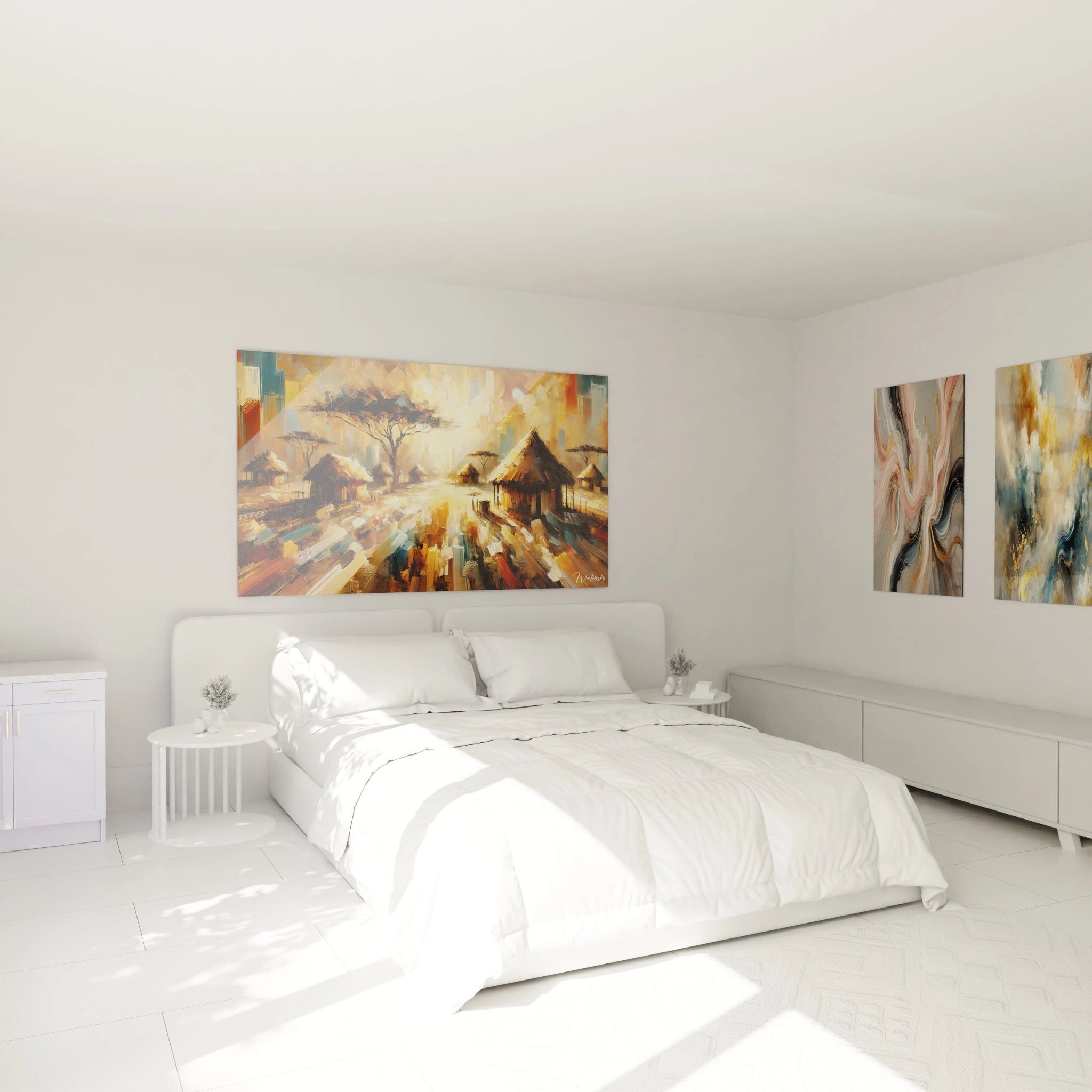 Tableau africain accroché au-dessus du lit dans une chambre élégante. Les cabanes de chaume et les acacias créent une ambiance chaleureuse et sereine, parfaite pour une décoration intérieure unique.