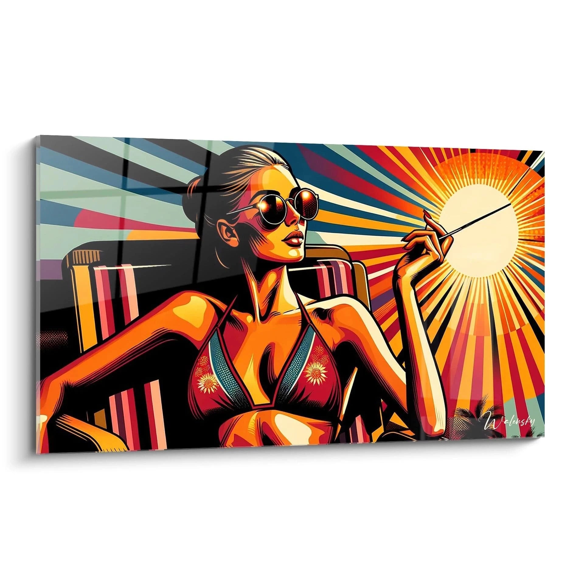 "Tableau en verre acrylique Pop Art / Rétro, vue de biais, affichant des couleurs vives et des motifs rétro distinctifs. Art mural moderne pour décoration intérieure."