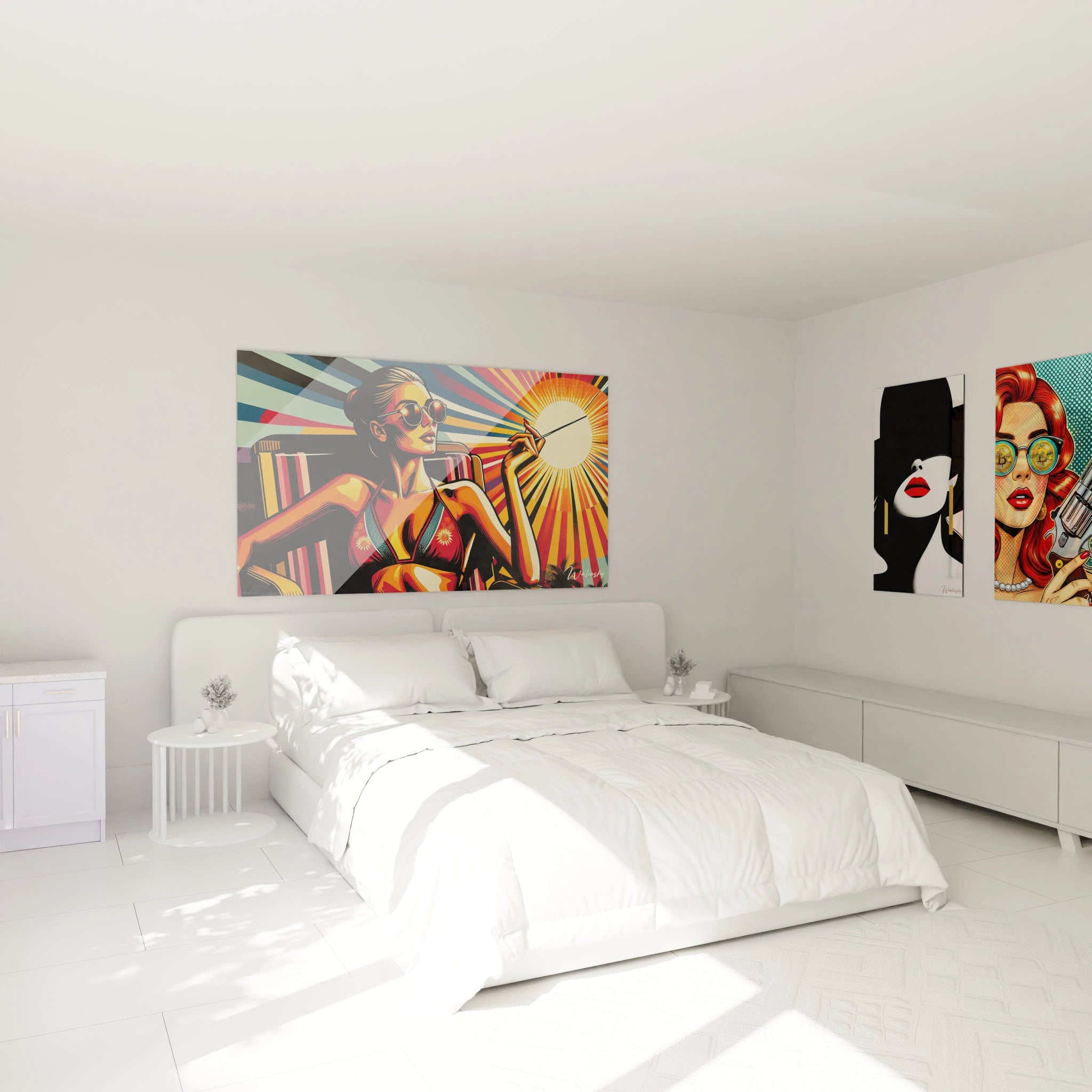 "Chambre élégante avec tableau en verre acrylique Pop Art / Rétro au-dessus du lit, ajoutant une touche artistique moderne. Décoration murale design pour chambre à coucher."
