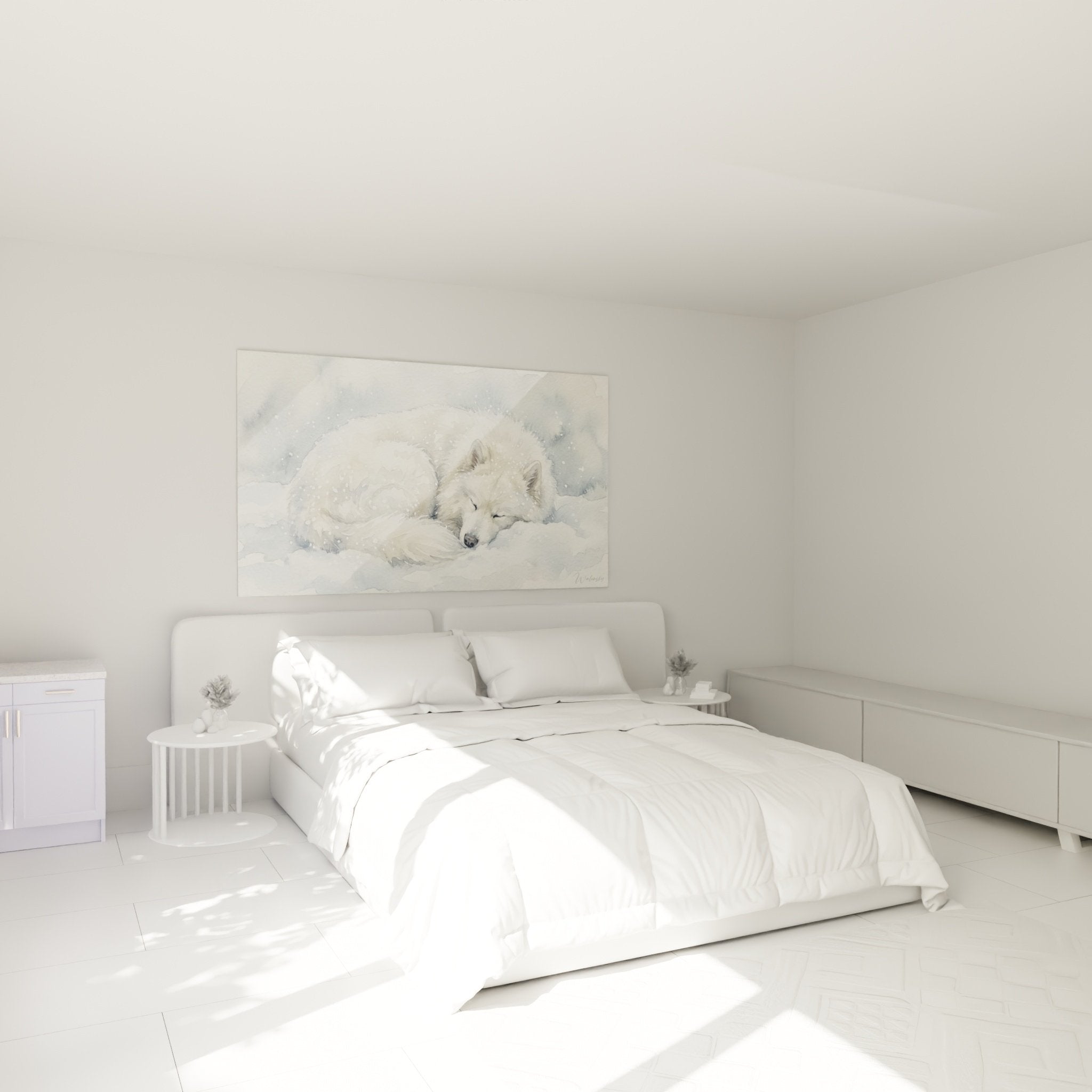 Tableau mural chien blanc endormi neige decoration chambre style nordique apaisant