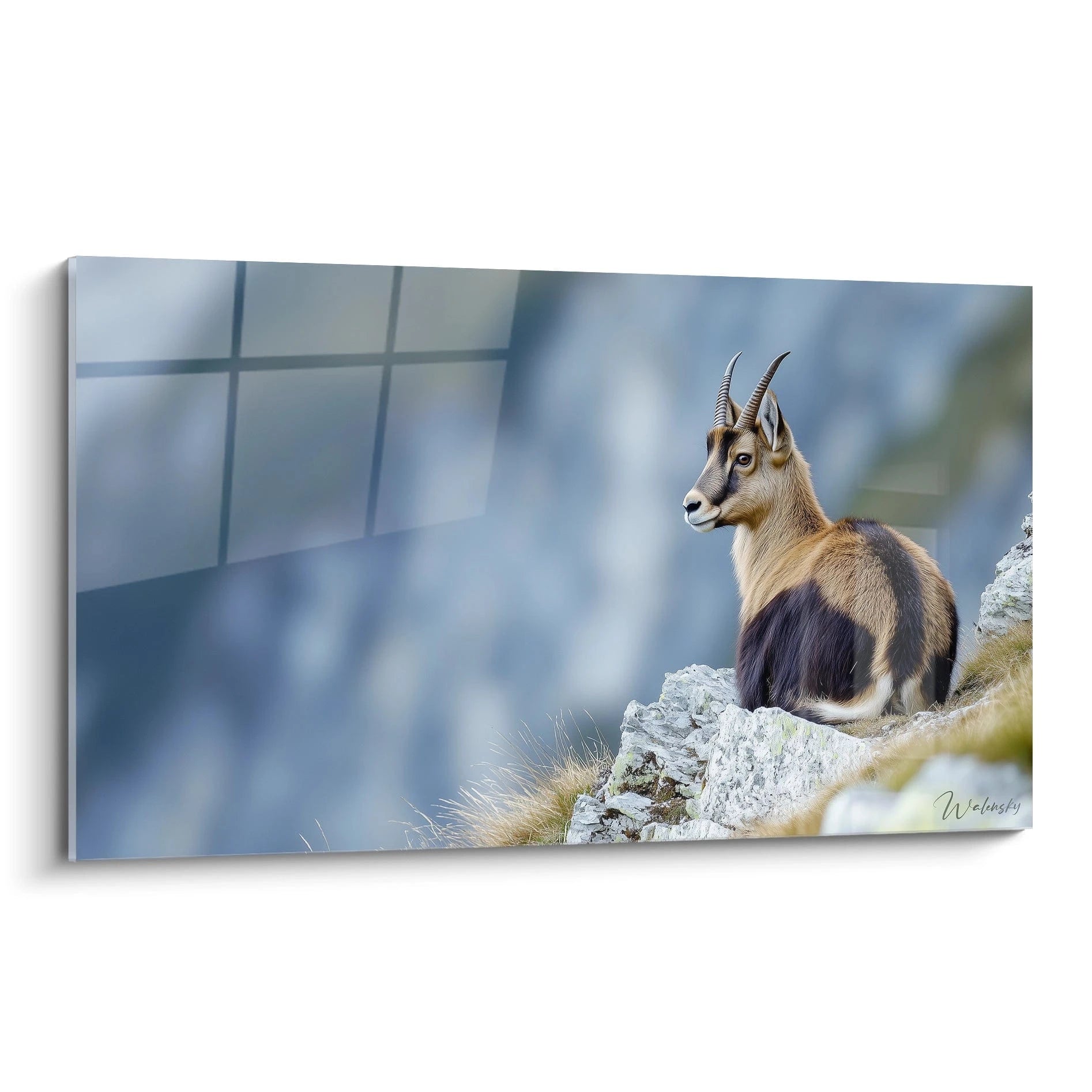 Un tableau artistique abstrait présentant un chamois au pelage beige et marron sur un rocher blanc, avec un fond bleu flou évoquant la montagne, mettant en valeur les cornes striées et le profil élégant de l'animal.