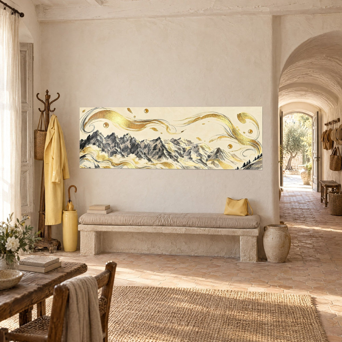 Tableau massif alpin esquissé à l'encre grise, rubans d'or sur fond crème, mur blanc d'un couloir voûté aux tomettes