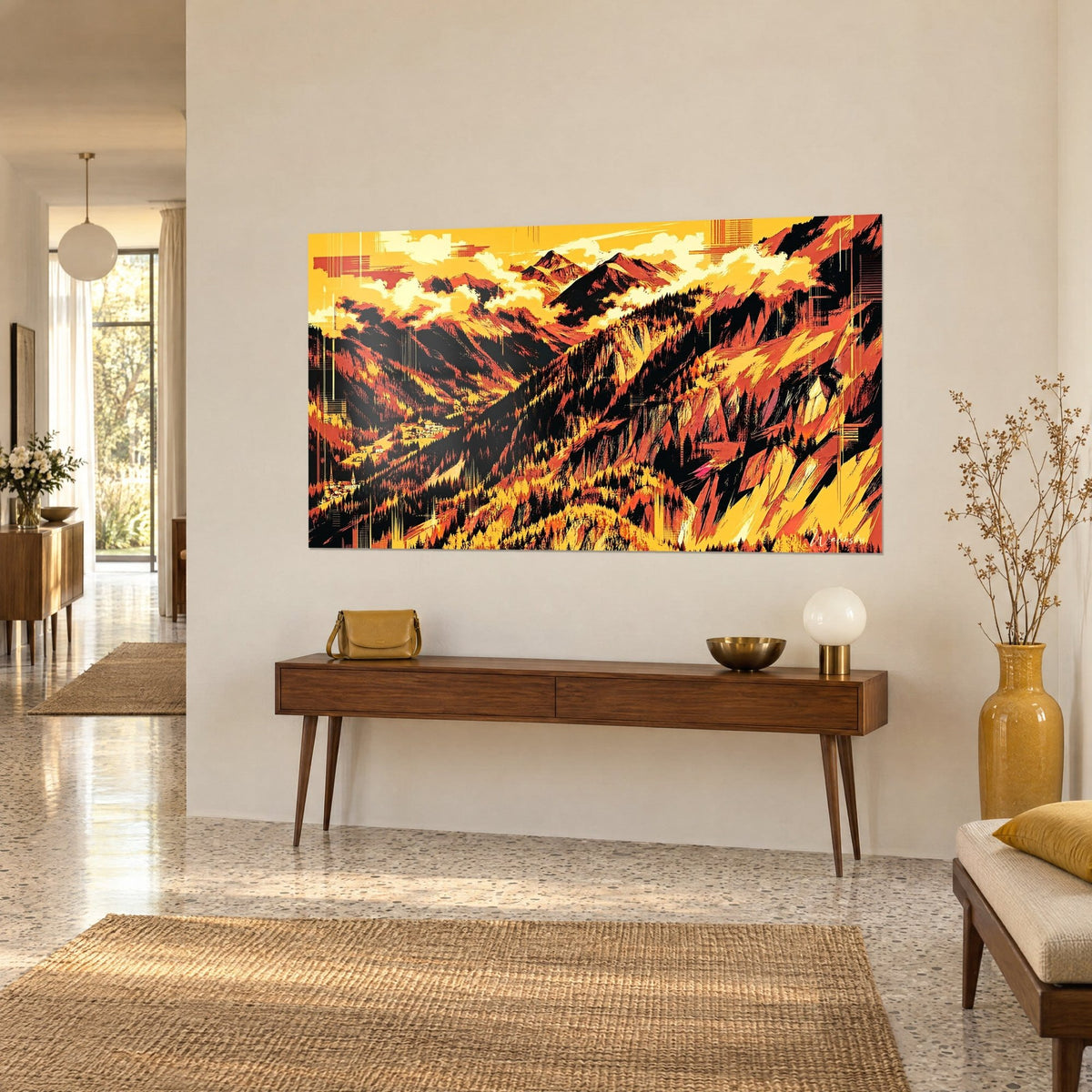 Tableau sommets flamboyants, forêt de sapins noirs sur versants orange et jaune, en vue de trois quarts au-dessus d'une console en bois