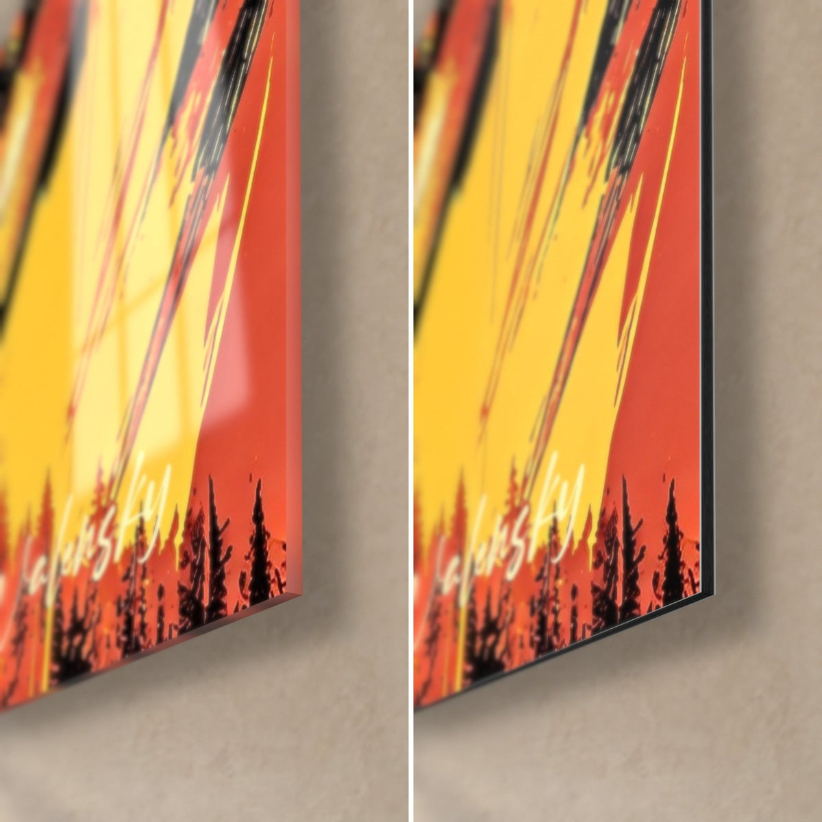 Tableau cimes embrasées, éclats jaune safran et rouge corail, coin bas droit en verre brillant et alu Dibond mat, tranche de 3 mm