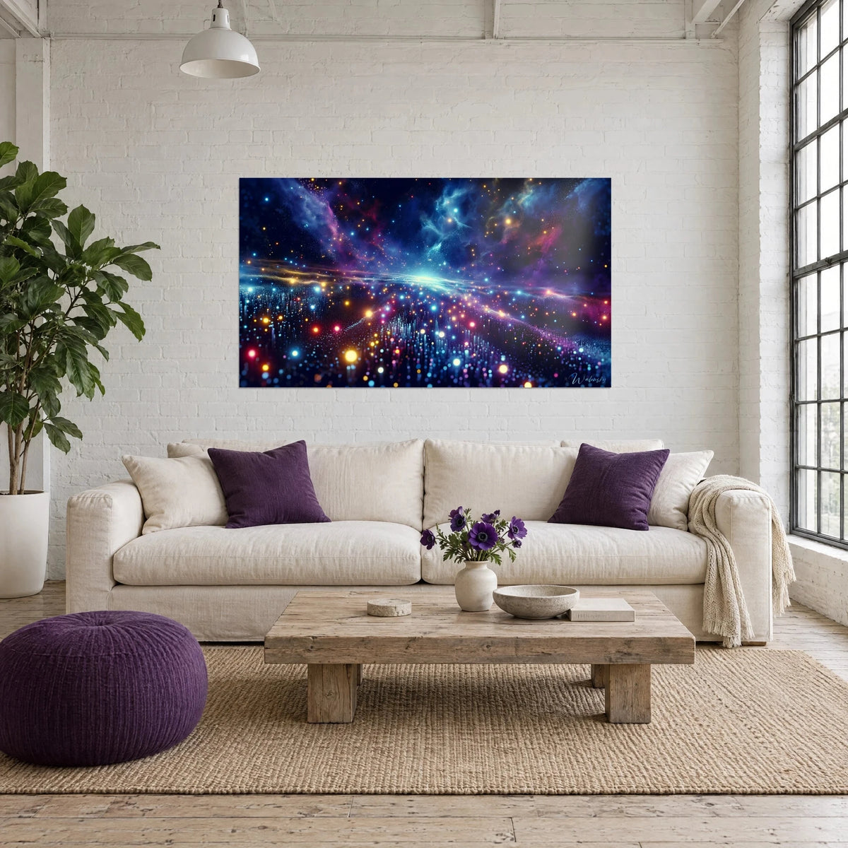 Gemälde Kosmischer Nebel in Nachtblau und Magenta, goldene Leuchtpunkte, über einem Sofa in einem hellen Wohnzimmer