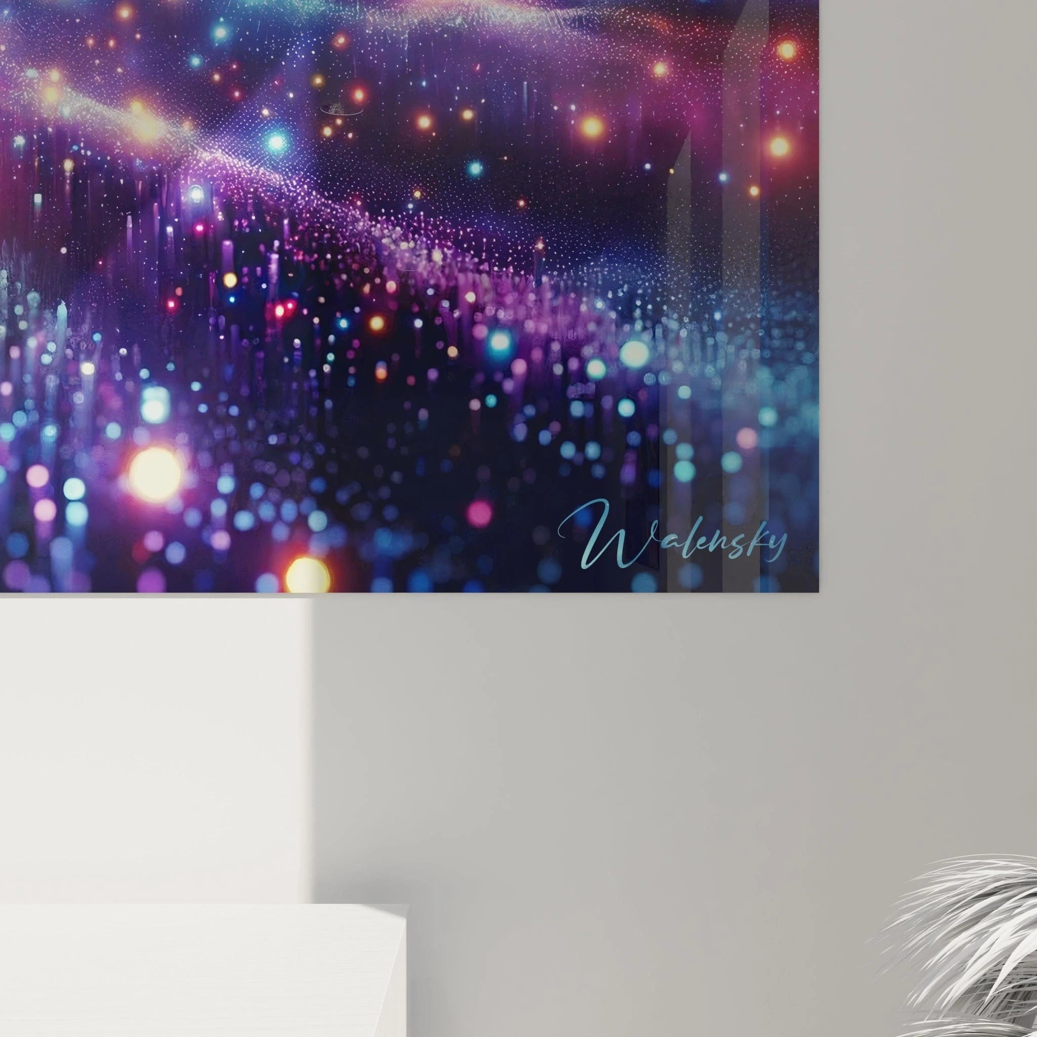 Tableau abstrait présentant un univers stellaire imaginaire. Spectre chromatique de bleu cobalt, violet et noir profond ponctué d'étoiles brillantes cyan, dorées et rougeâtres. Texture combinant points lumineux et voiles translucides. Structure avec horizon central lumineux et multitude de points scintillants créant une impression d'espace infini.
RetryClaude can make mistakes. Please double-check responses.