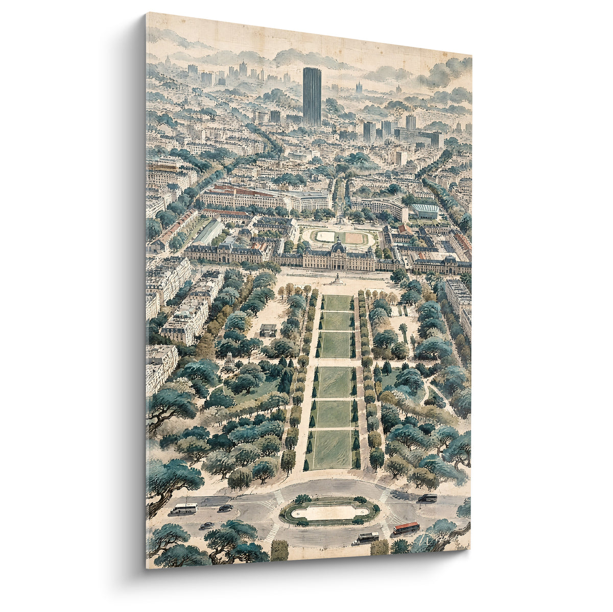 Champ-de-Mars vu d'en haut, allées vertes et École Militaire beige sur fond de ville brumeuse