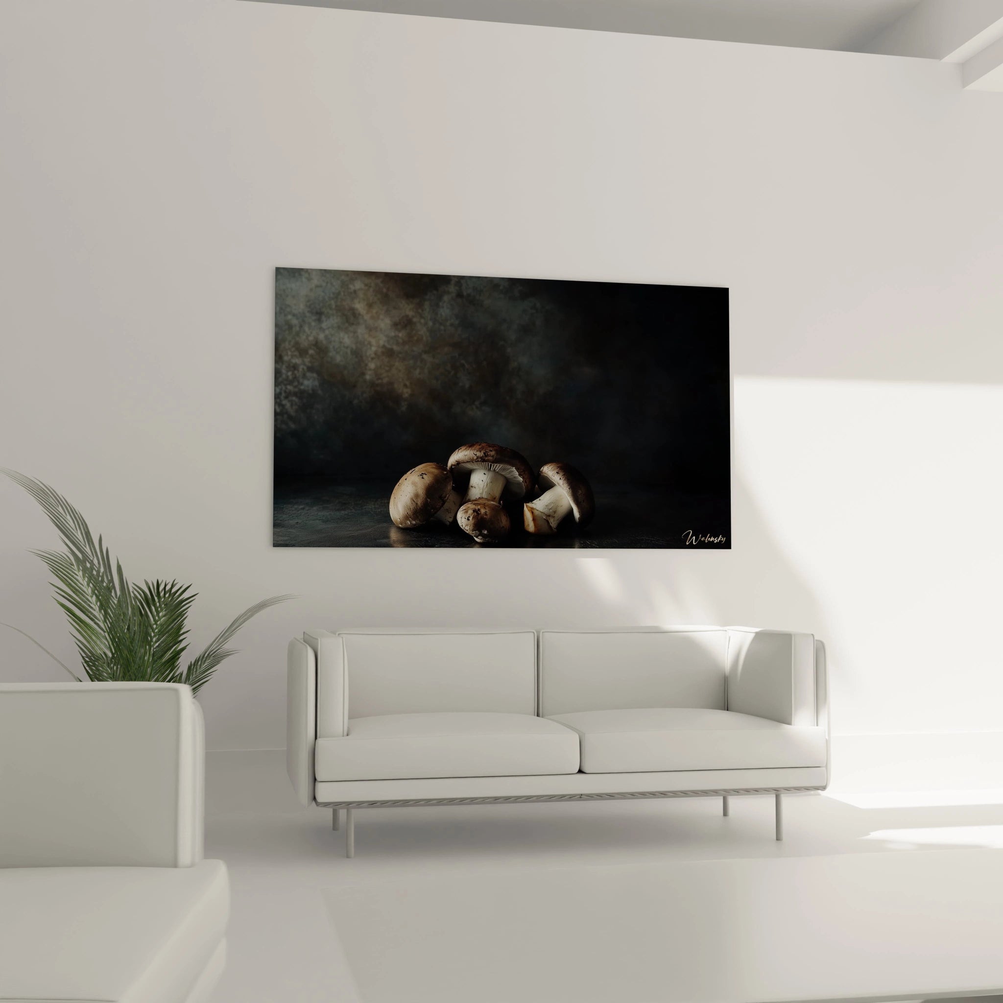 Un tableau champignon capturant des champignons rĂ©alistes aux tons bruns et beiges, posĂ©s sur une surface sombre. Le contraste entre la lumiĂšre et lâombre accentue les textures naturelles du sujet.