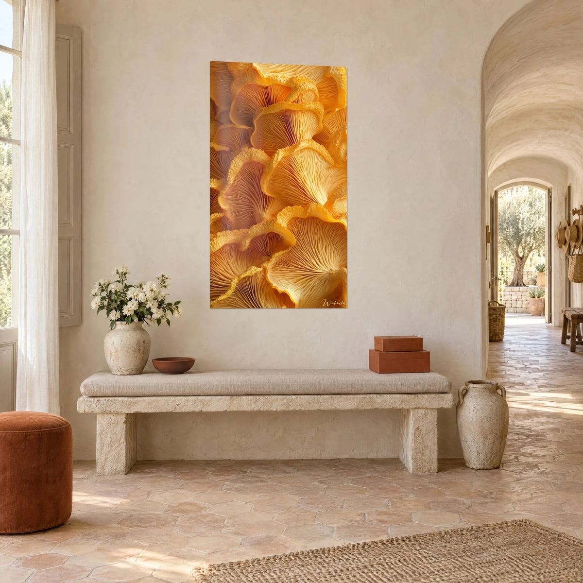 Tableau chapeaux de pleurotes jaune safran et orange brûlé, lamelles finement striées, sur un mur blanc d'un mas provençal