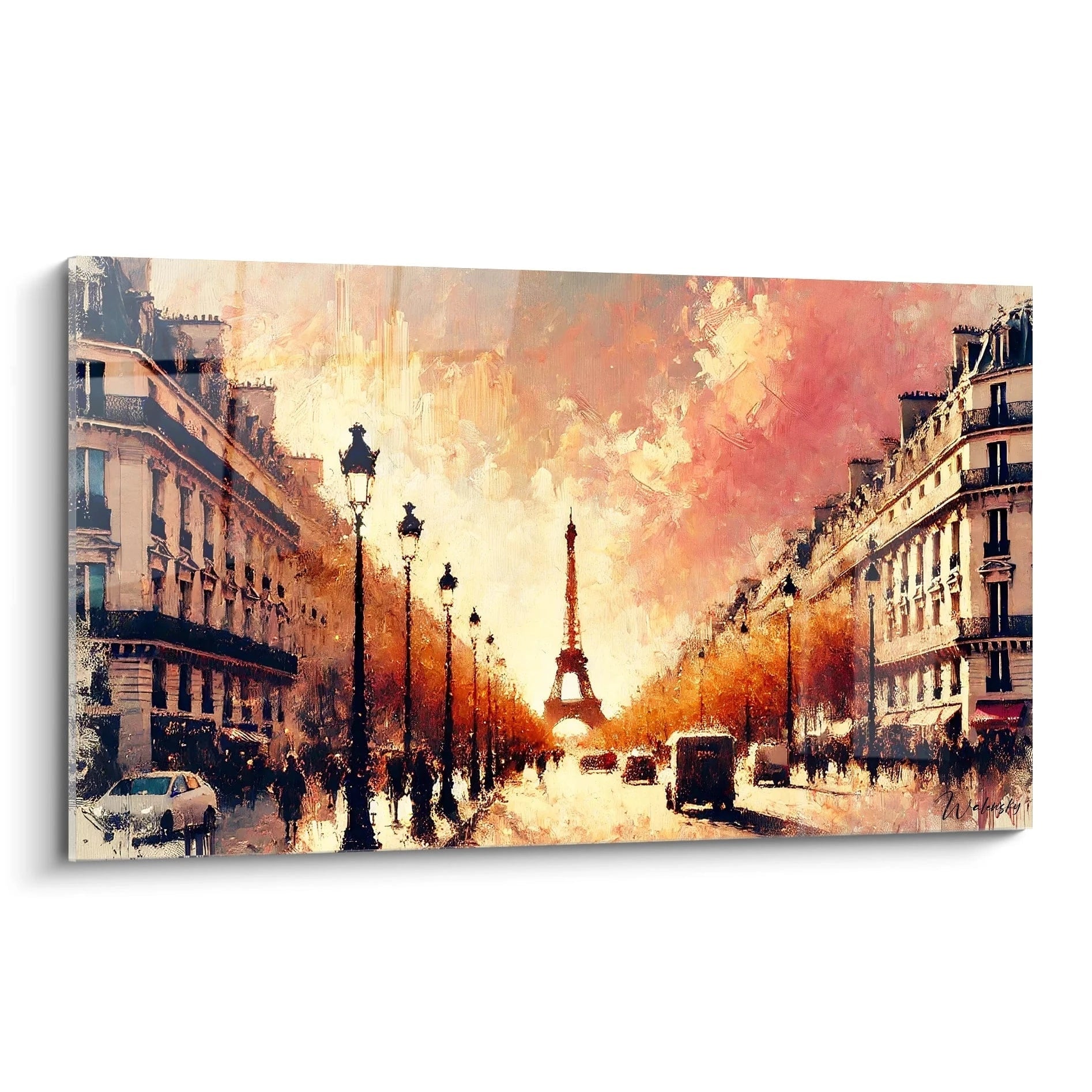 tableau Champs Elysees vu de biais révèle des couleurs chaudes de rose et orange, capturant la lumière dorée sur l’architecture haussmannienne et la perspective de la Tour Eiffel à l’horizon.