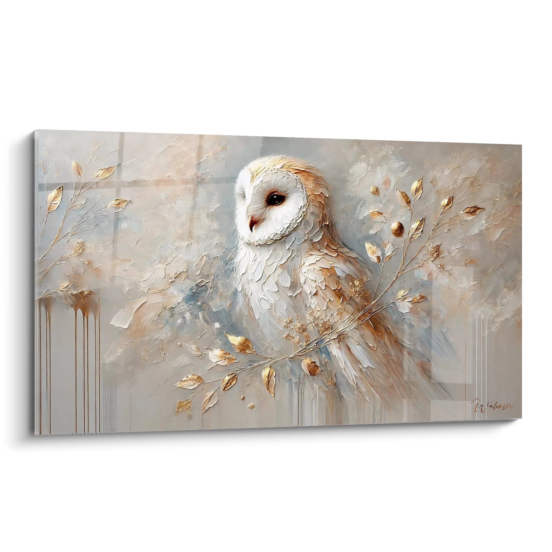 Tableau chouette texturé aux teintes douces et accents dorés. Une œuvre captivante qui apporte sagesse et sérénité à votre intérieur, idéale pour une décoration élégante et apaisante.