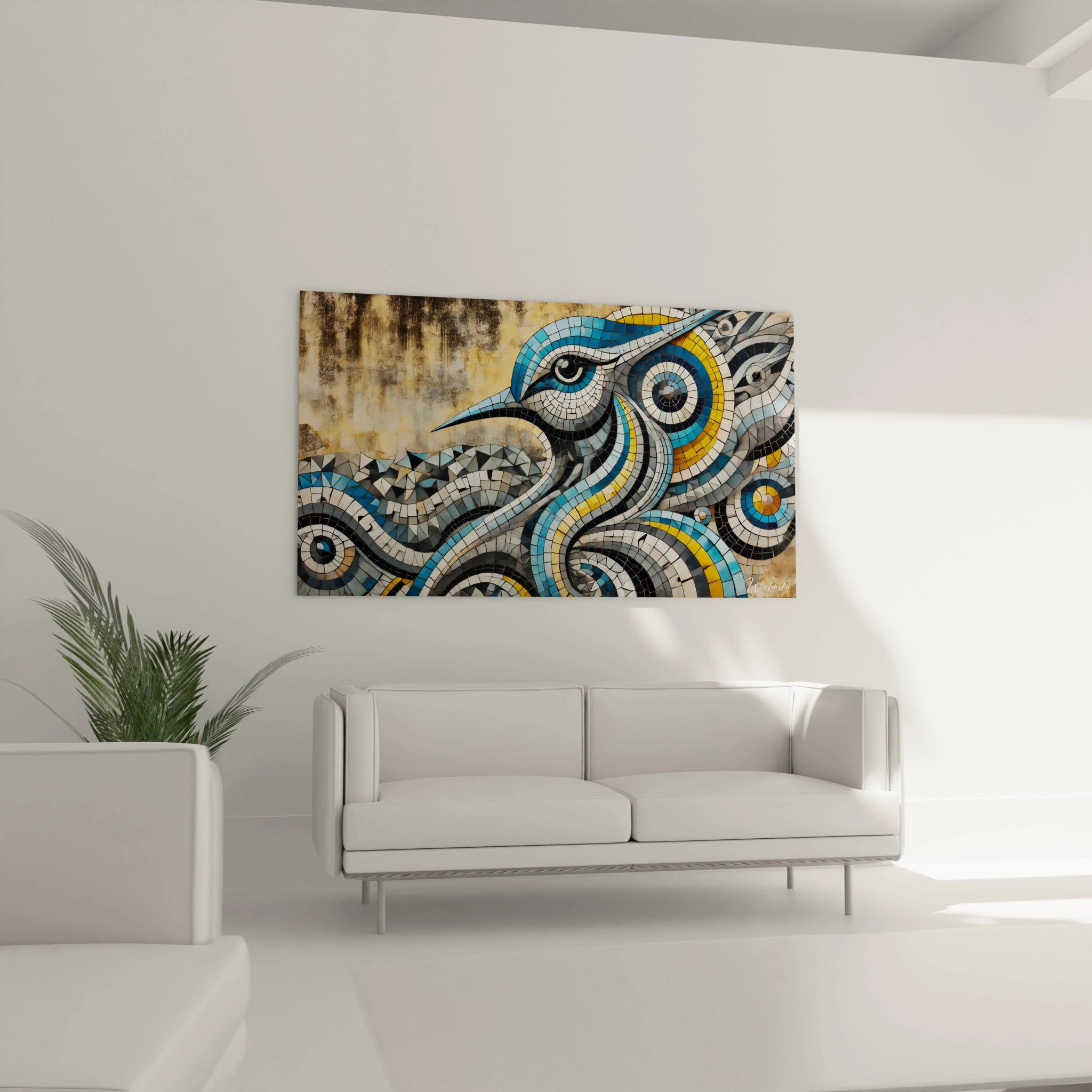 Accroche dans un salon, ce tableau Mosaique ajoute une touche d elegance avec ses motifs geometriques harmonieux et ses couleurs vibrantes.