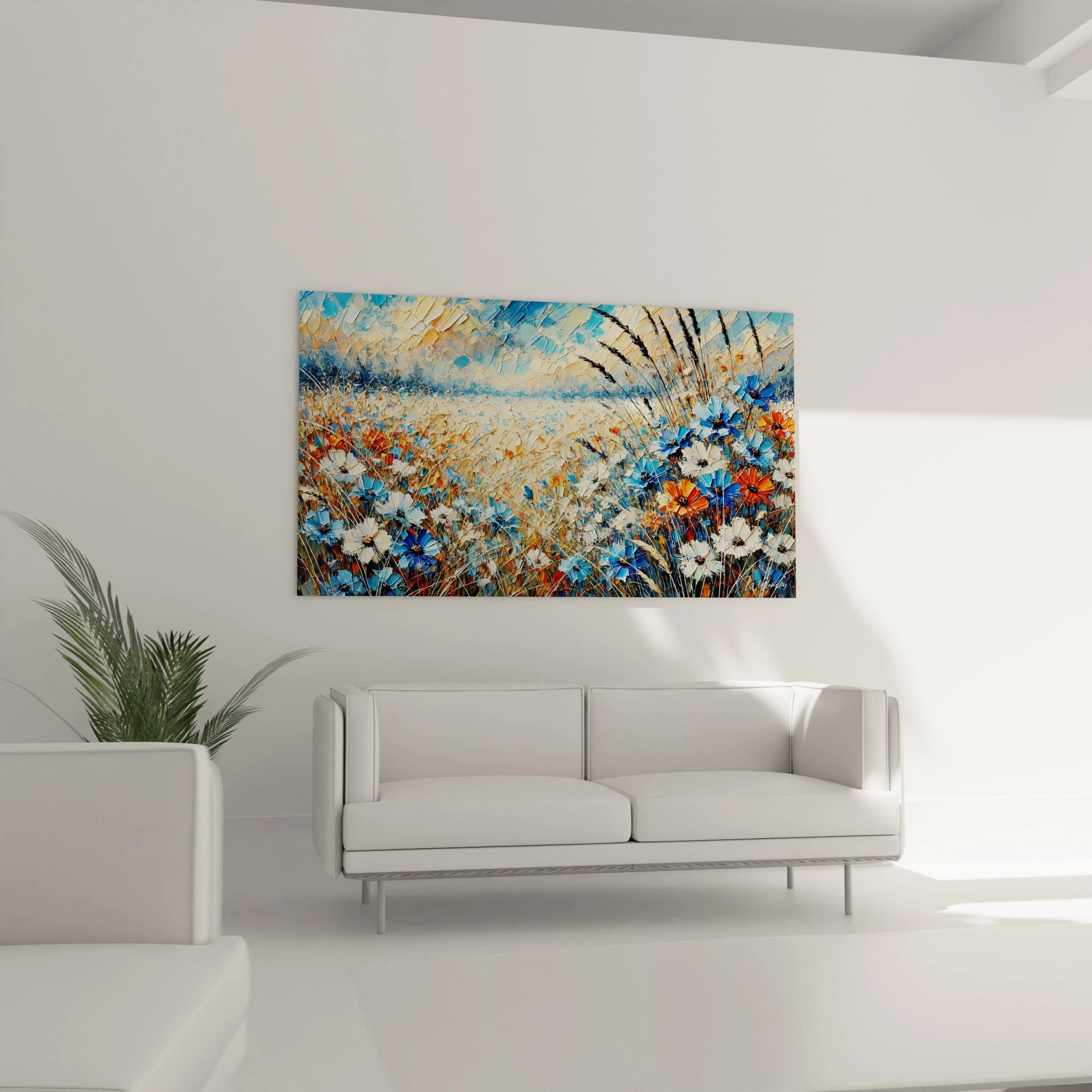 Tableau "Chant des Prairies" au mur dâun salon, au-dessus dâun canapĂ©, sublimant lâespace avec ses couleurs vives et sa profondeur naturelle. Un souffle de fraĂźcheur dans votre dĂ©coration.