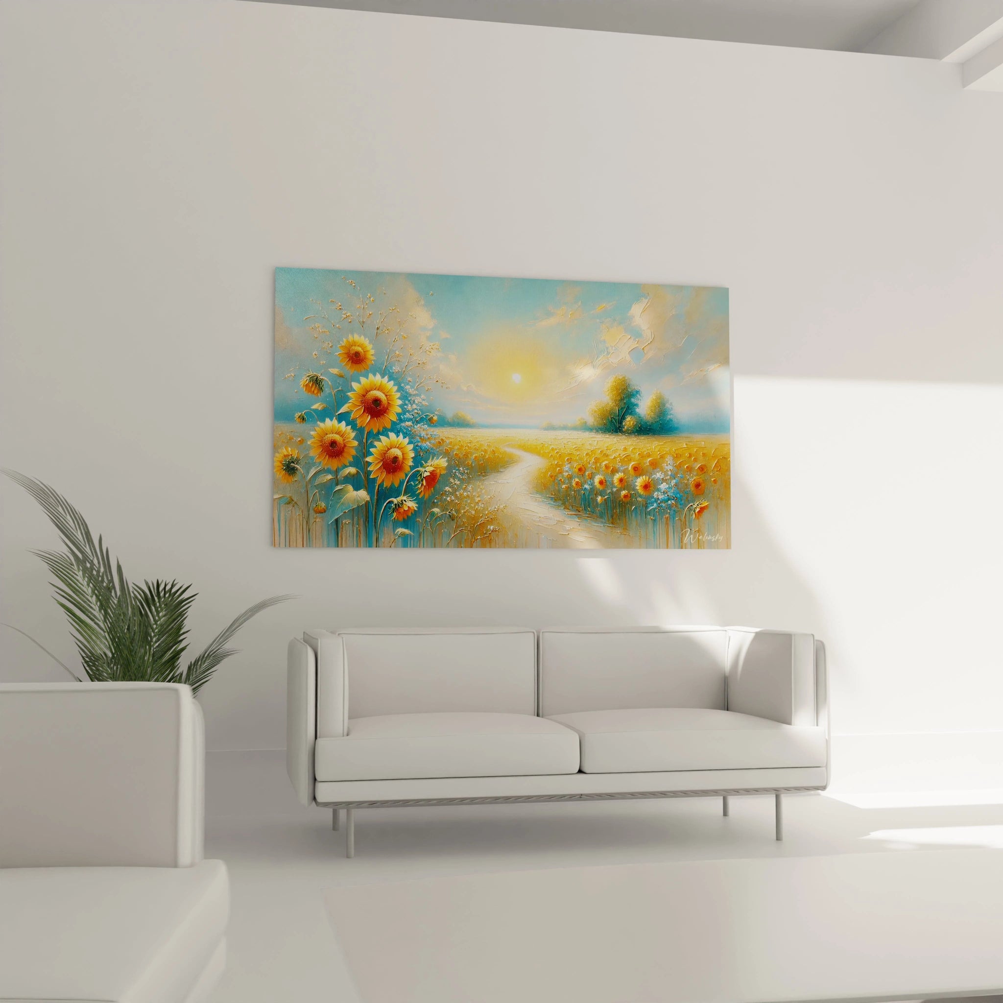 tableau Campagne dans un salon au dessus d un canape invite au calme les couleurs chaudes et realistes transportent vers les paysages ensoleilles de l ete