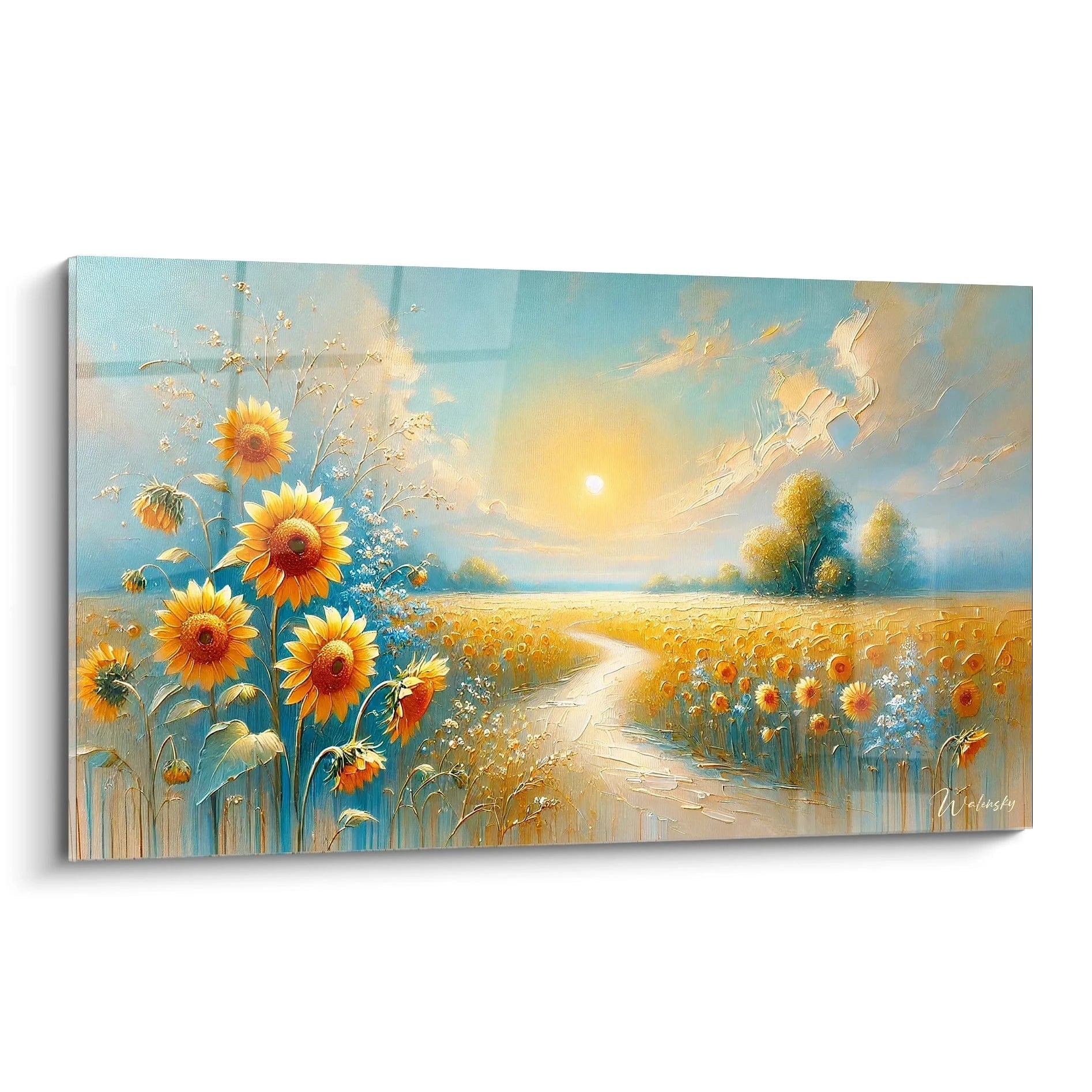 tableau Campagne vue de biais capture la serenite d un champ de tournesols baigne dans la lumiere doree du matin ideal pour une touche de nature dans votre interieur