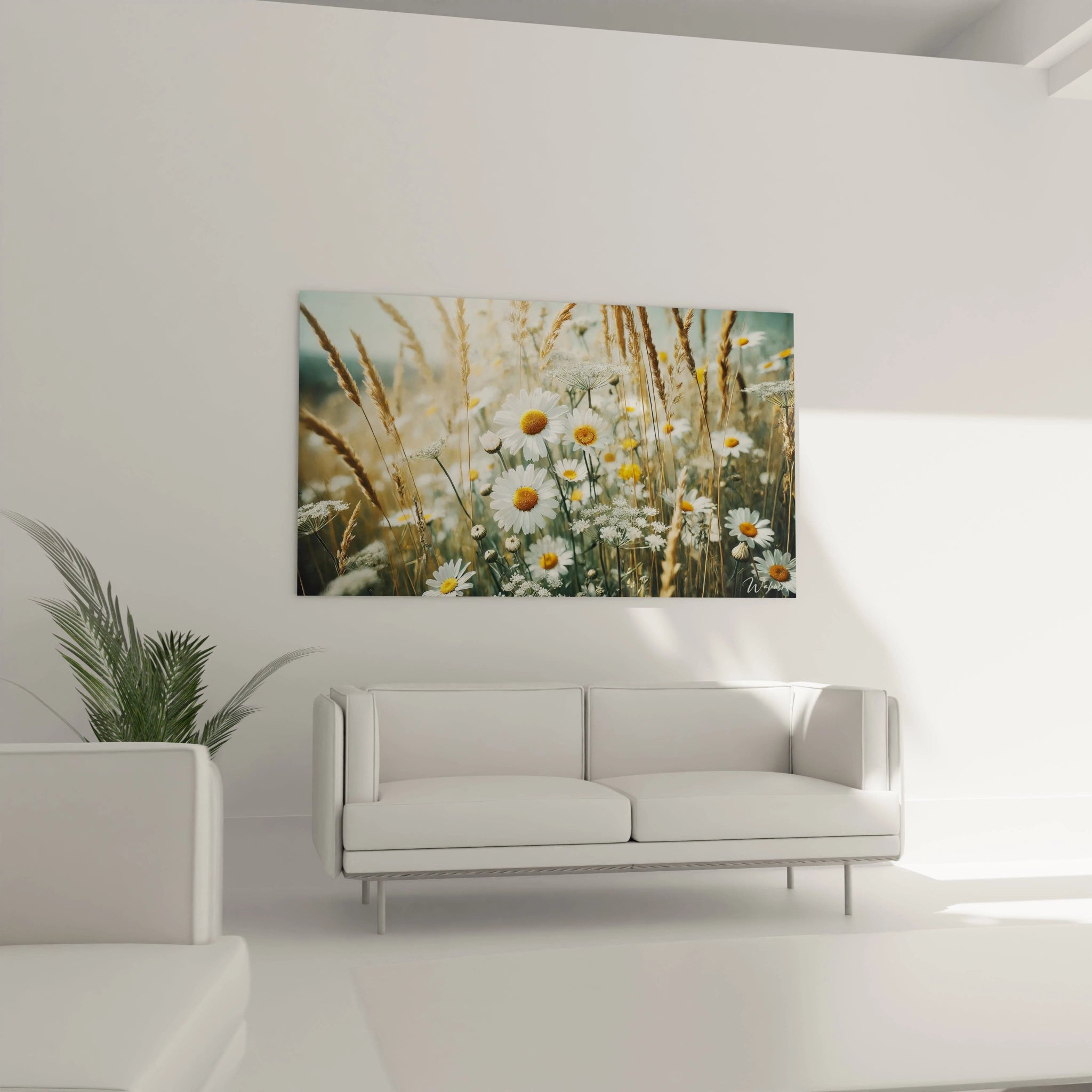 Accroché au-dessus d'un canapé, ce tableau Fleur illumine le salon avec ses nuances de jaune, blanc et vert, inspirant liberté et évasion au coeur de la nature.