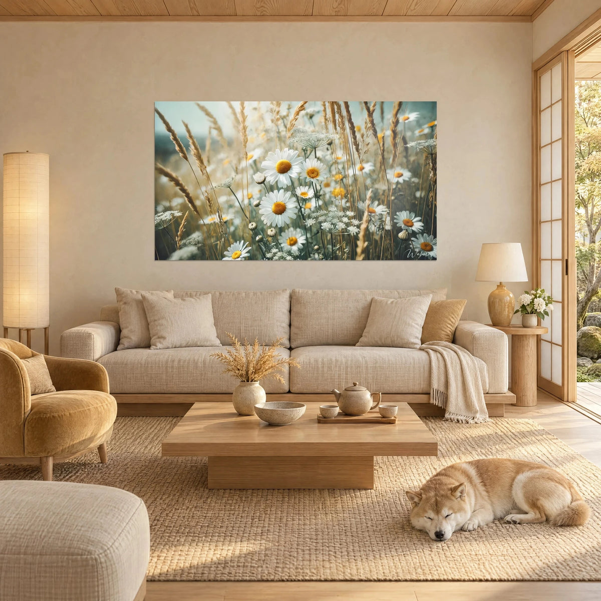 Quadro margherite bianche dal cuore giallo tra spighe dorate, Shiba addormentato su un tappeto, sopra un divano in un soggiorno luminoso