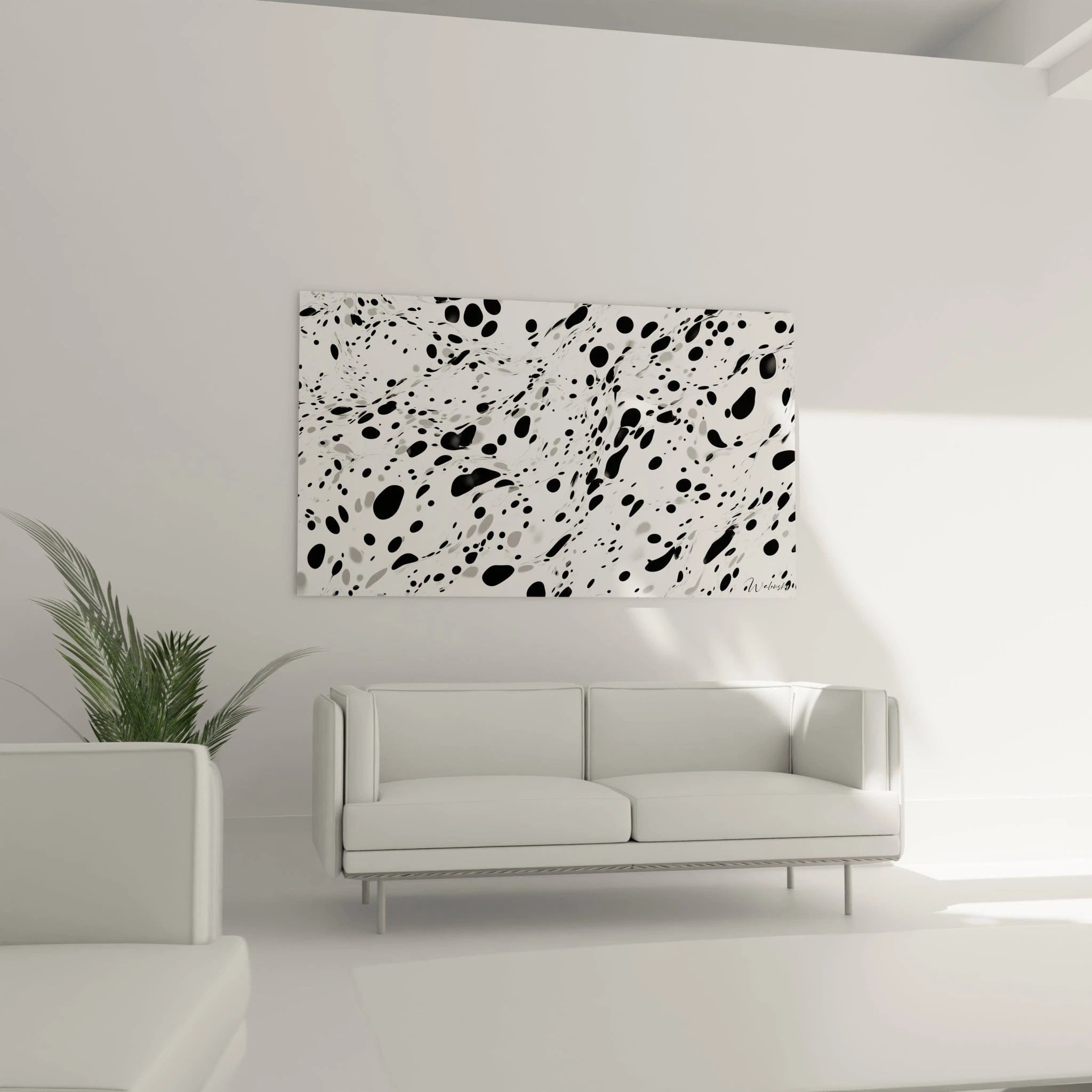 Tableau tacheté noir et blanc Walensky décorant un mur moderne dans un salon épuré