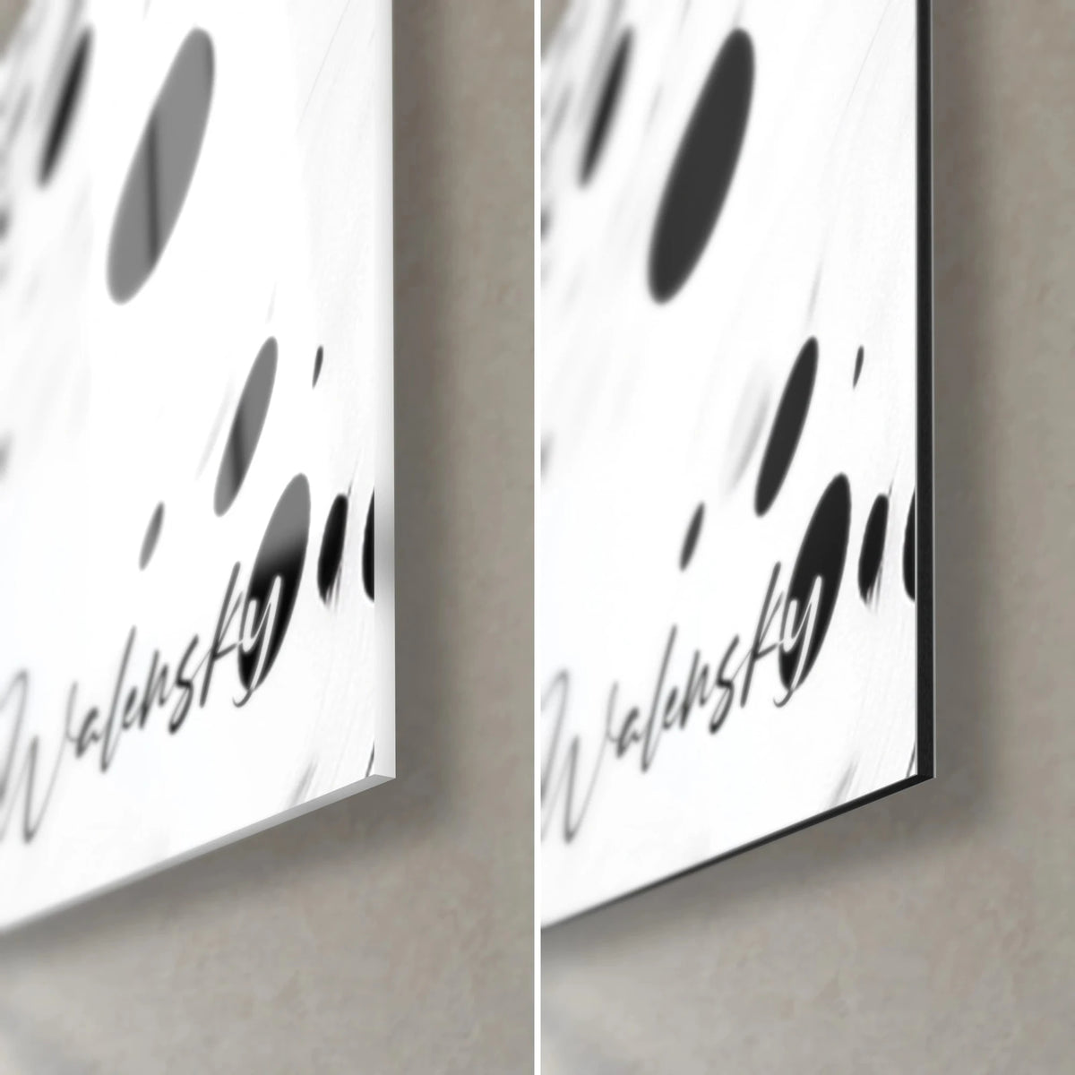 Gemälde mit schwarz-weißem Fleckenmuster, untere rechte Ecke, glänzendes Glas links, mattes Dibond rechts, 3 mm Kante