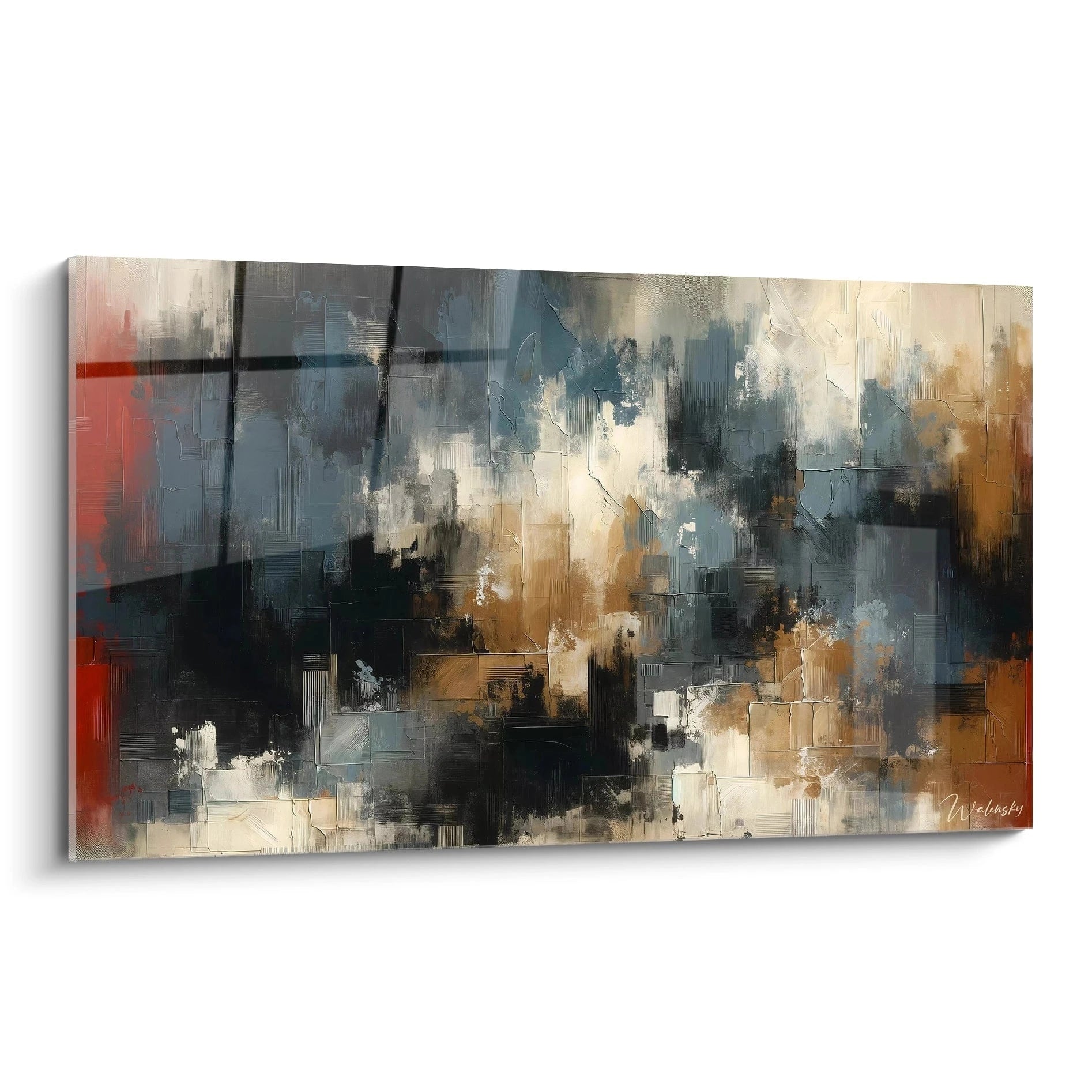 Un tableau abstrait géométrique composé de blocs rectangulaires superposés. Dominé par des teintes bleu-gris, noir, blanc crème et ocre avec une touche de rouge vif à gauche. La texture présente des empâtements, des craquelures, des stries et des surfaces rugueuses créant un effet de profondeur.