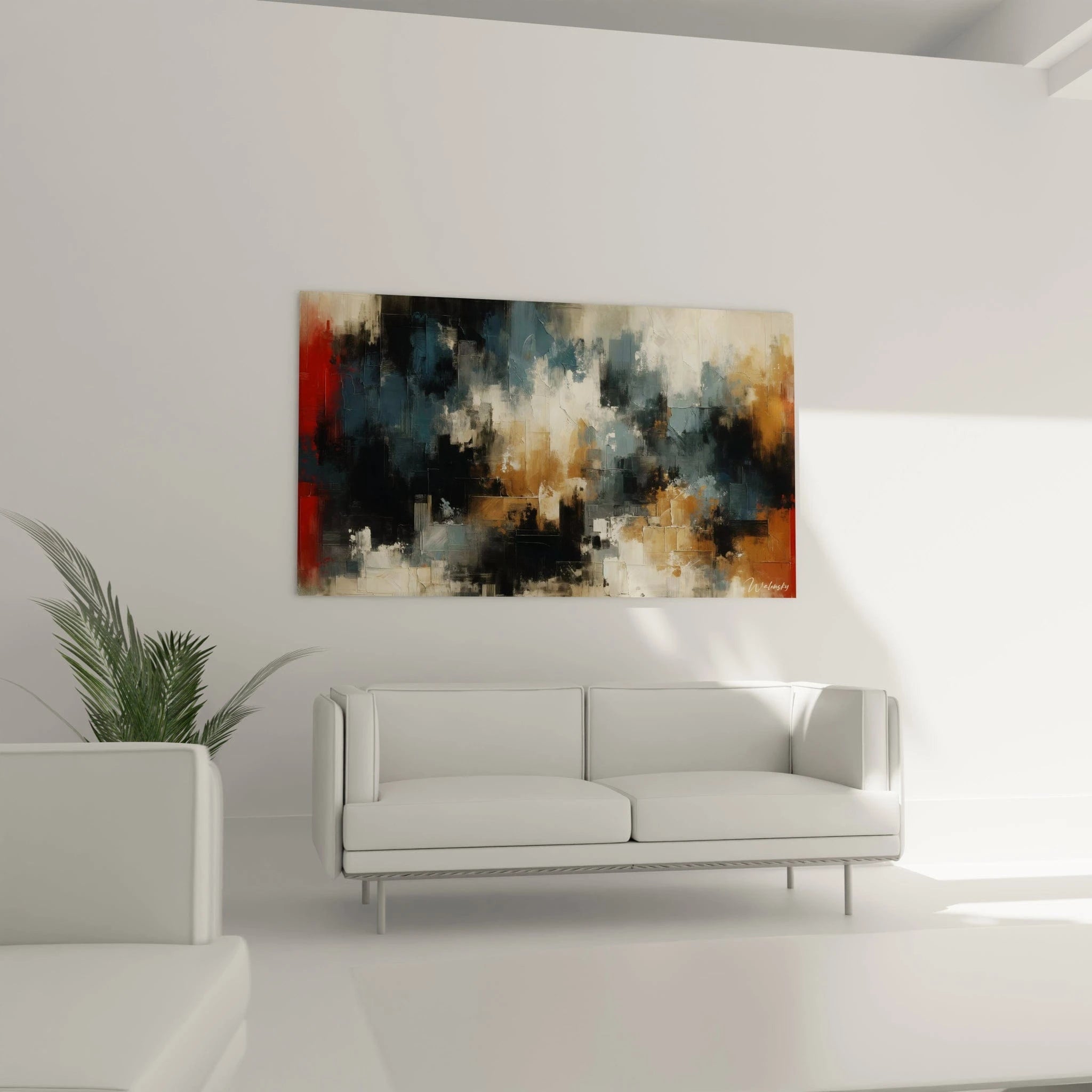 Un tableau abstrait de structures fragmentées aux allures urbaines. Les couleurs principales sont bleu-gris, noir, blanc cassé, ocre et rouge. La texture présente des couches superposées, des traits gravés dans la peinture épaisse et des contrastes entre zones mates et brillantes formant une grille irrégulière.