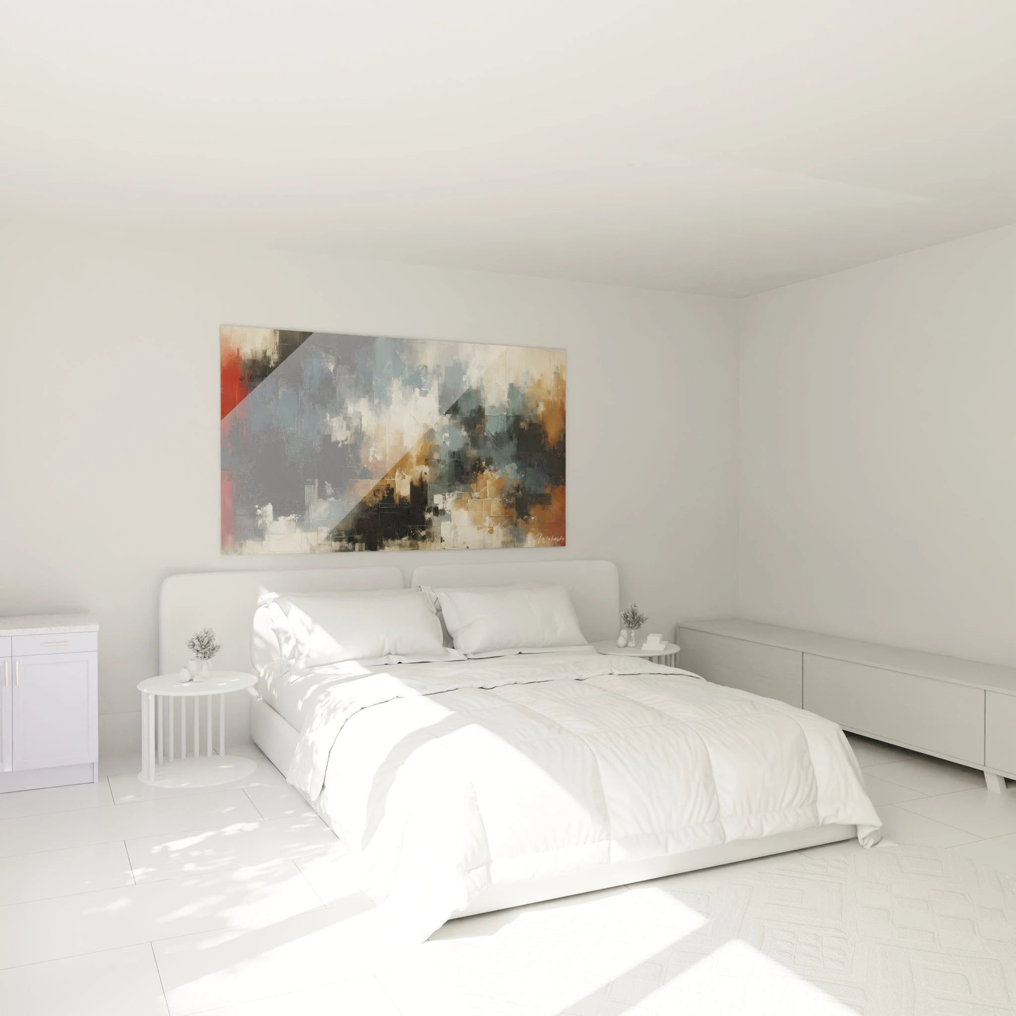 Un tableau abstrait de composition architecturale avec formes angulaires. La palette associe bleu ardoise, noir, beige, ocre et rouge profond. Les textures combinent surfaces lisses et rugueuses avec des effets de raclage, des lignes incisées et des zones d'accumulation de peinture créant un relief tactile.