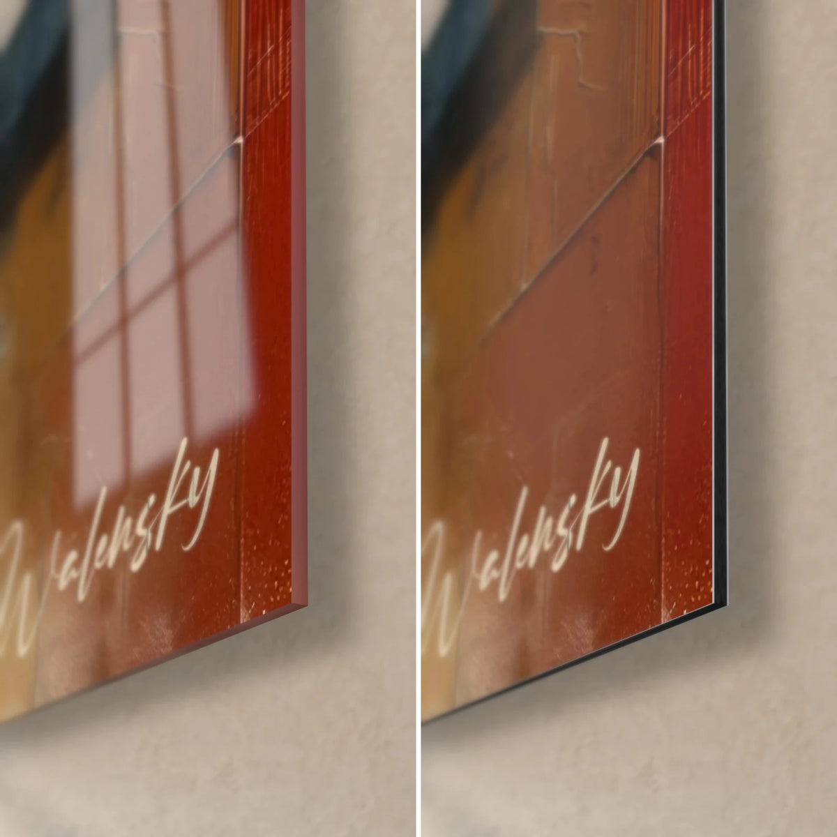 Quadro tela astratta rosso carminio e ocra, firma Walensky, vetro lucido a sinistra, Dibond opaco a destra, spessore 3 mm