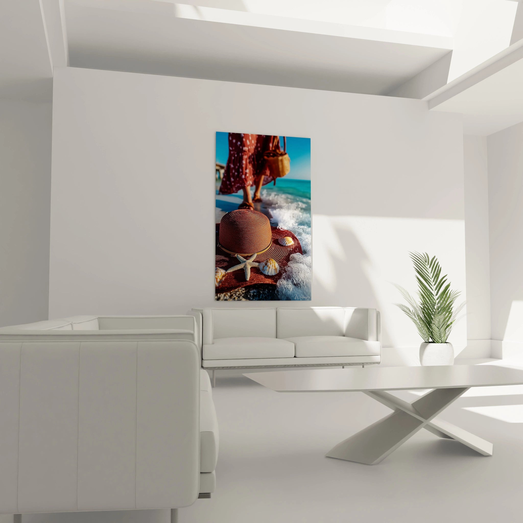 Walensky tableau mural plage avec chapeau en paille étoile de mer et coquillages sur le sable tableau déco chapeau étoile de mer