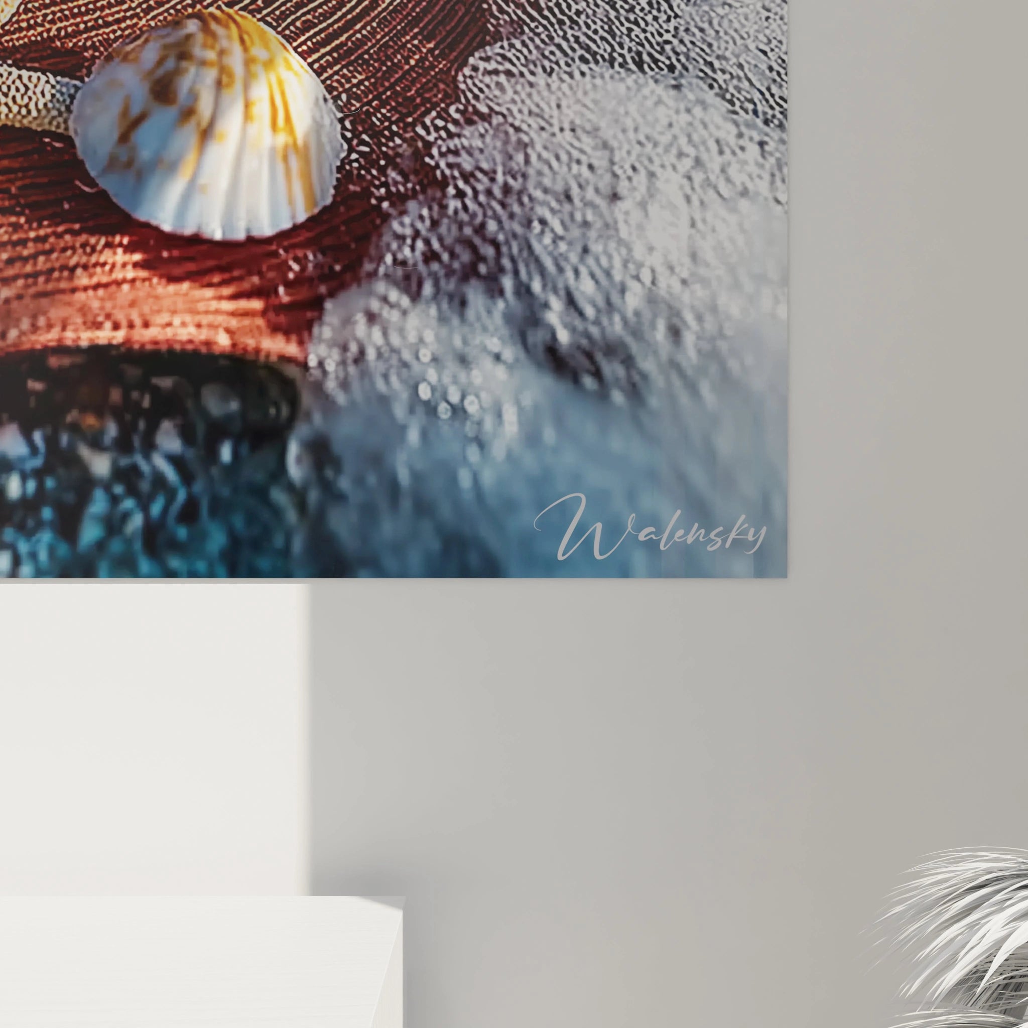 Tableau mural Walensky représentant coquillage chapeau sur sable texturé tableau déco chapeau étoile de mer pour ambiance marine