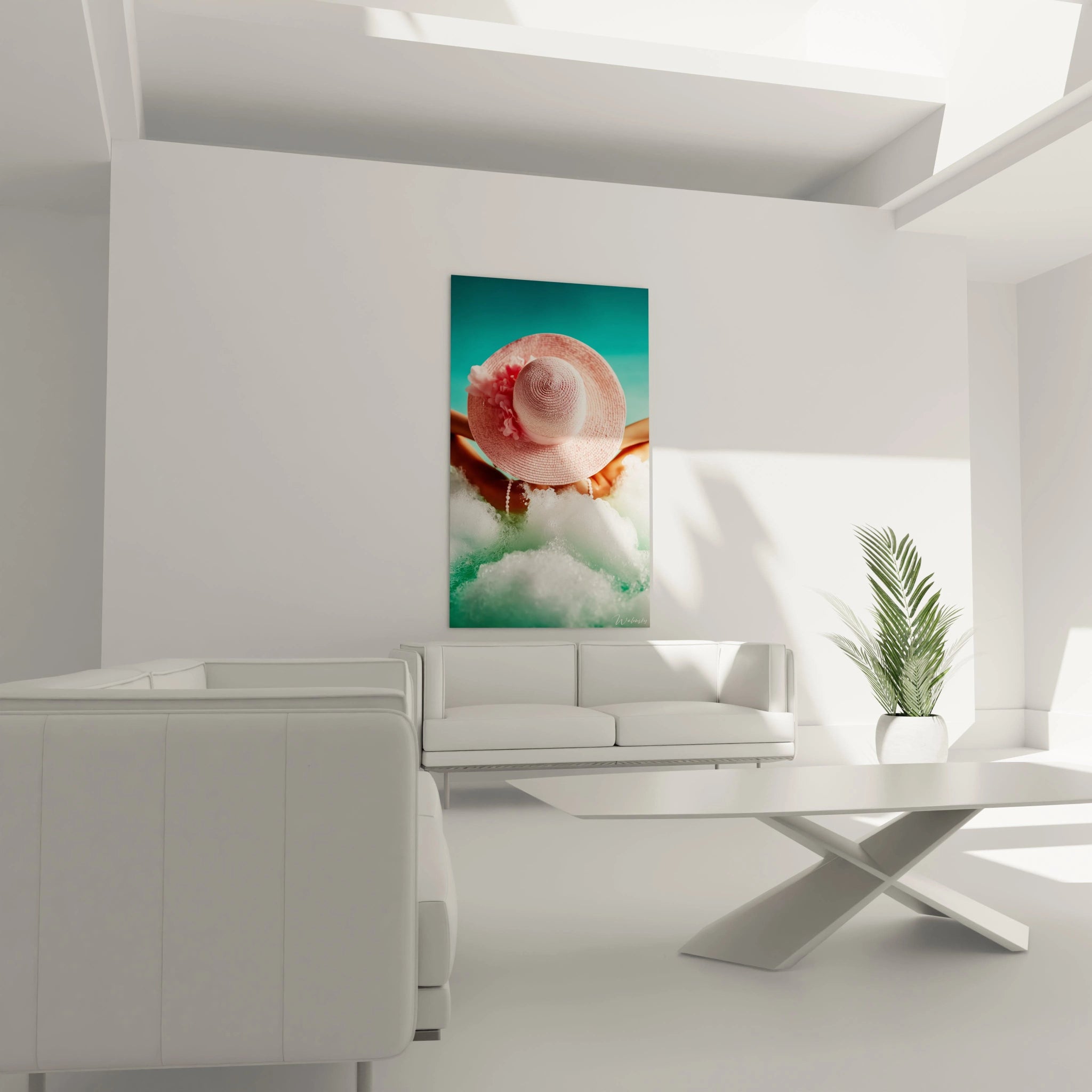 tableau mural chapeau rose Walensky dans salon blanc minimaliste montrant un chapeau rose sur fond turquoise et nuages