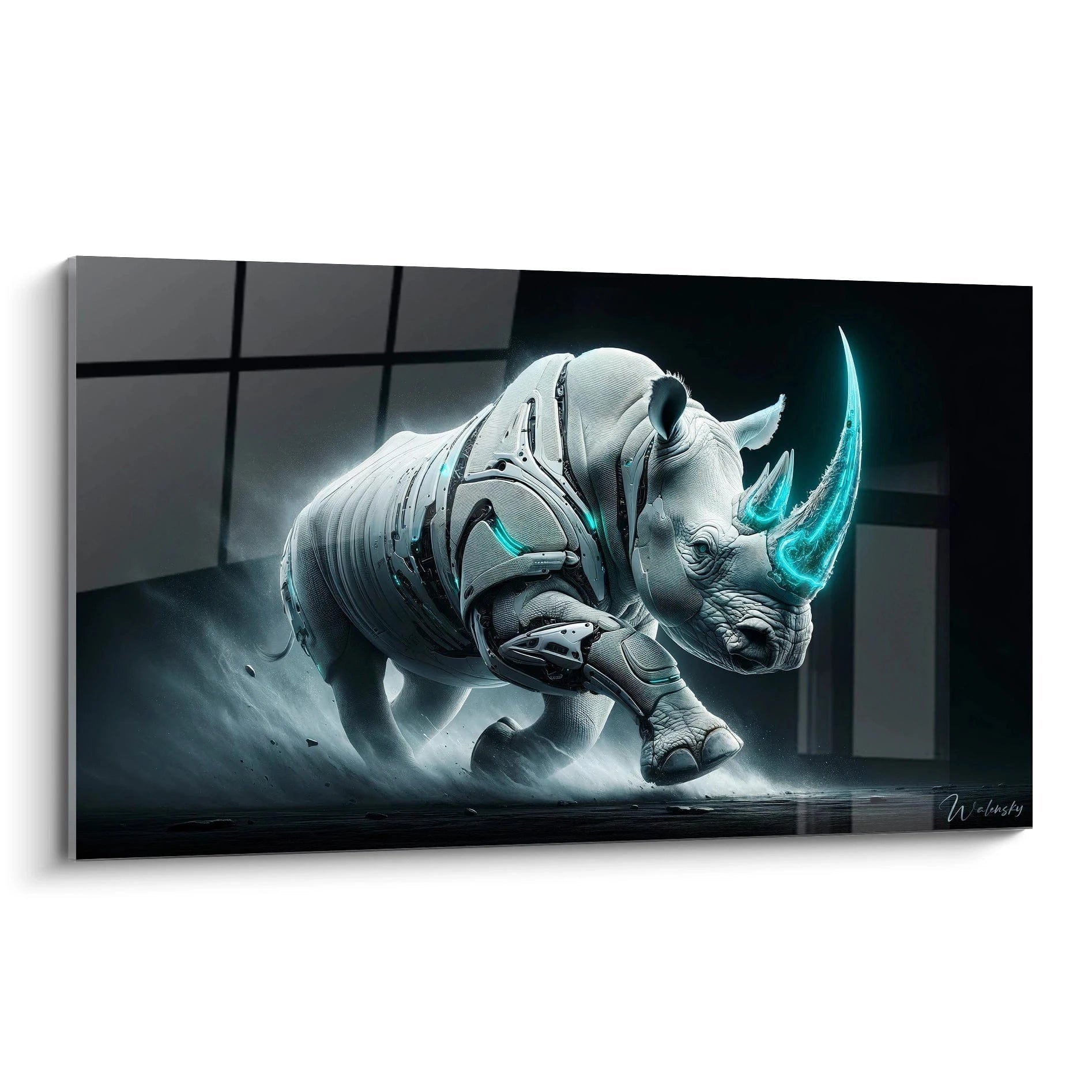 Un tableau d'animal représentant un rhinocéros blanc en pleine course avec des éléments mécaniques intégrés à son corps. Les teintes dominantes sont le gris clair et le turquoise lumineux. La texture combine l'aspect rugueux de la peau et des composants métalliques lisses sur fond sombre, avec une corne brillante bleu-turquoise.
