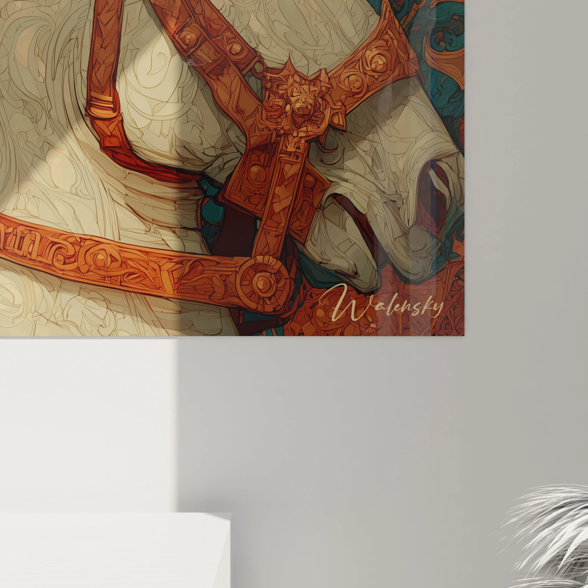 tableau Charlemagne destrier sacré Walensky gros plan sur tête de cheval en harnais ornemental orange