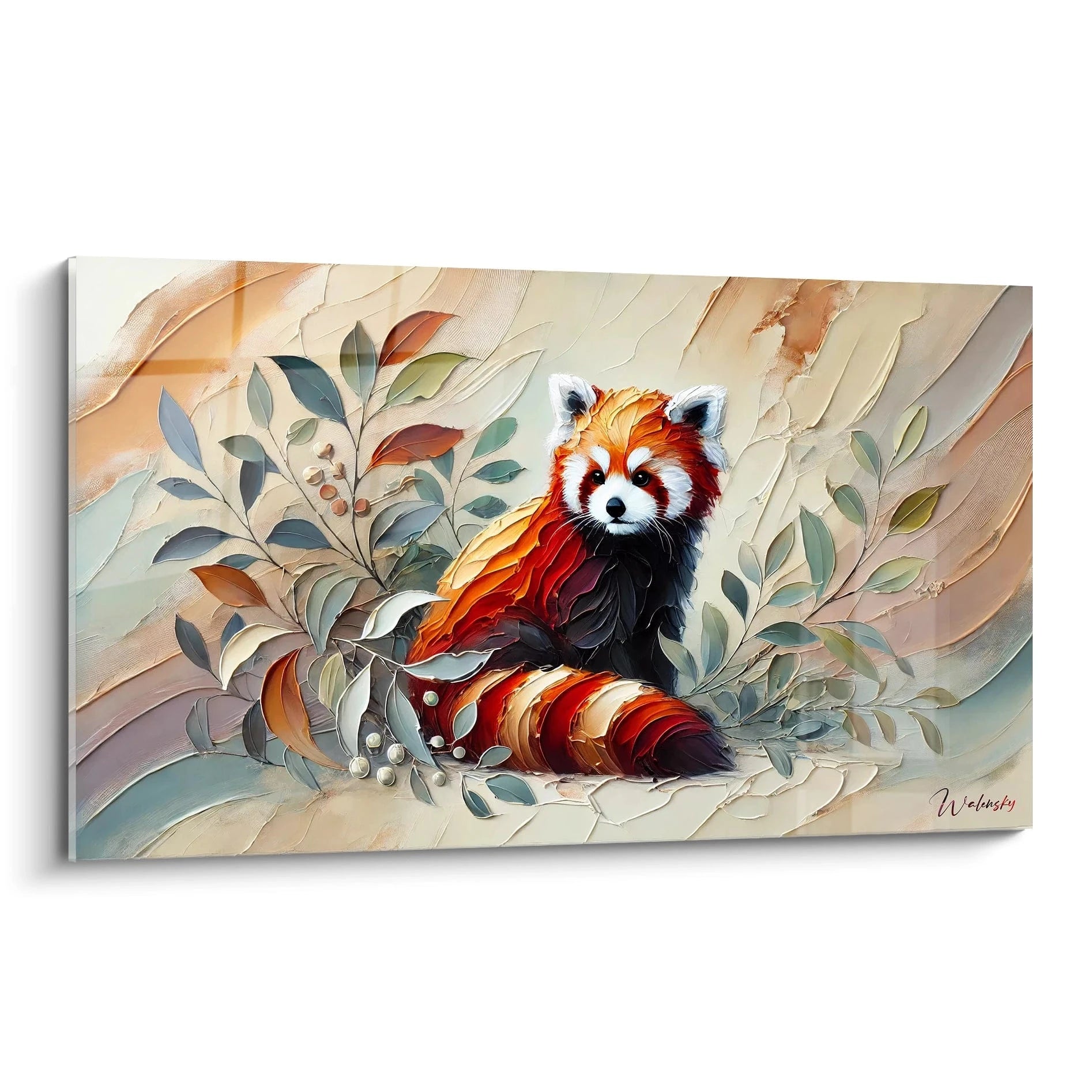 Tableau panda roux abstrait en vue de biais. Admirez chaque détail sculpté de ce magnifique panda roux, aux couleurs chaleureuses et aux textures captivantes, apportant douceur et vivacité à votre espace.