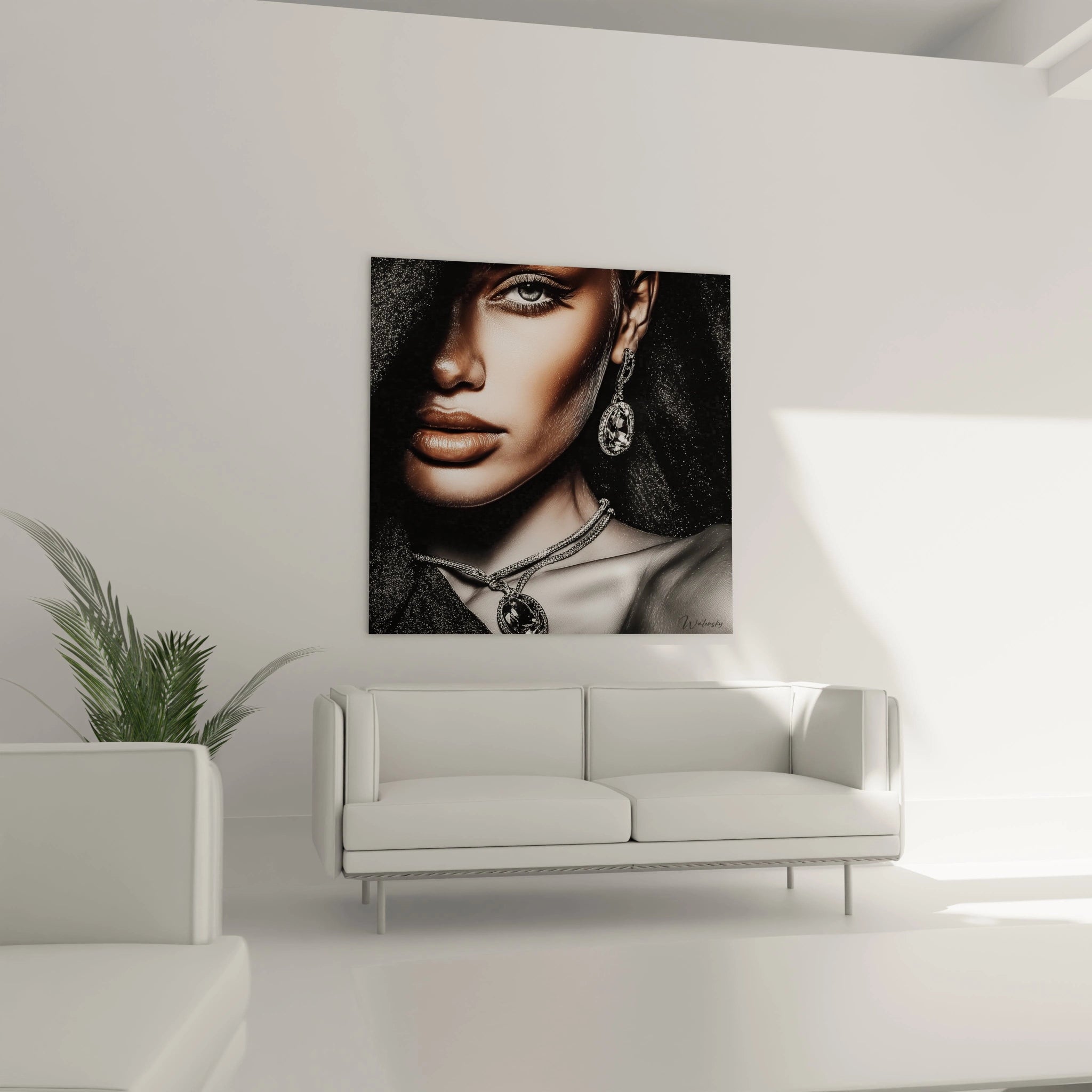 Tableau design bijoux scintillants avec un portrait élégant d'une femme portant des bijoux