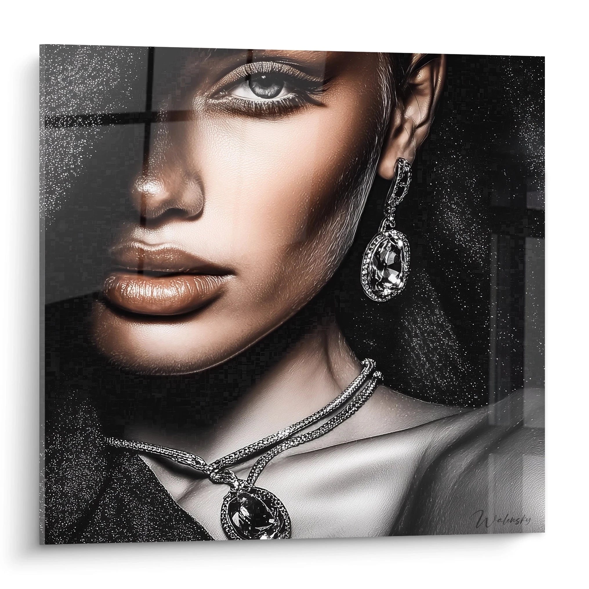 Tableau design bijoux scintillants avec un portrait de femme élégante portant des accessoires brillants