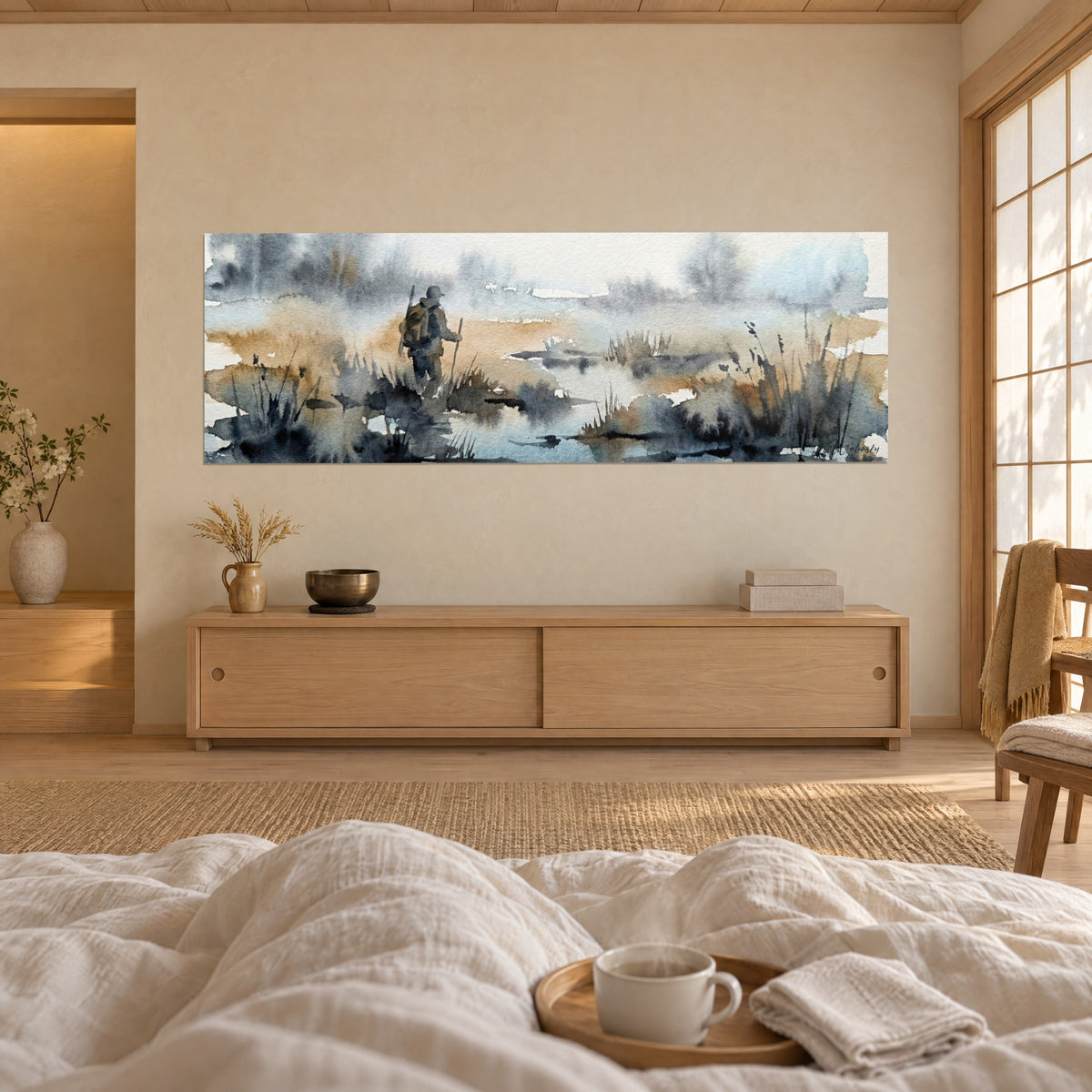 Tableau promeneur chargé d'un sac dans un marais embrumé, tons ocre et gris bleu, au-dessus d'un lit dans une chambre claire