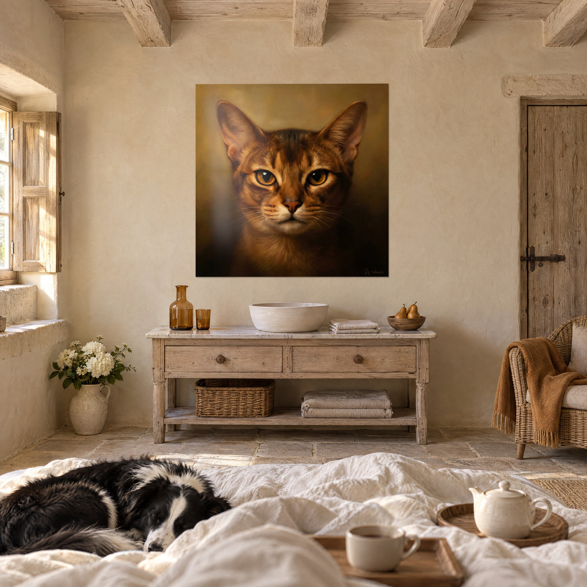 Πίνακας γάτος Abyssinian με χρυσά μάτια και ροζ μουσούδα, απέναντι σε γυναίκα από πίσω και ένα κόλεϊ, πάνω από κρεβάτι σε φωτεινή κρεβατοκάμαρα