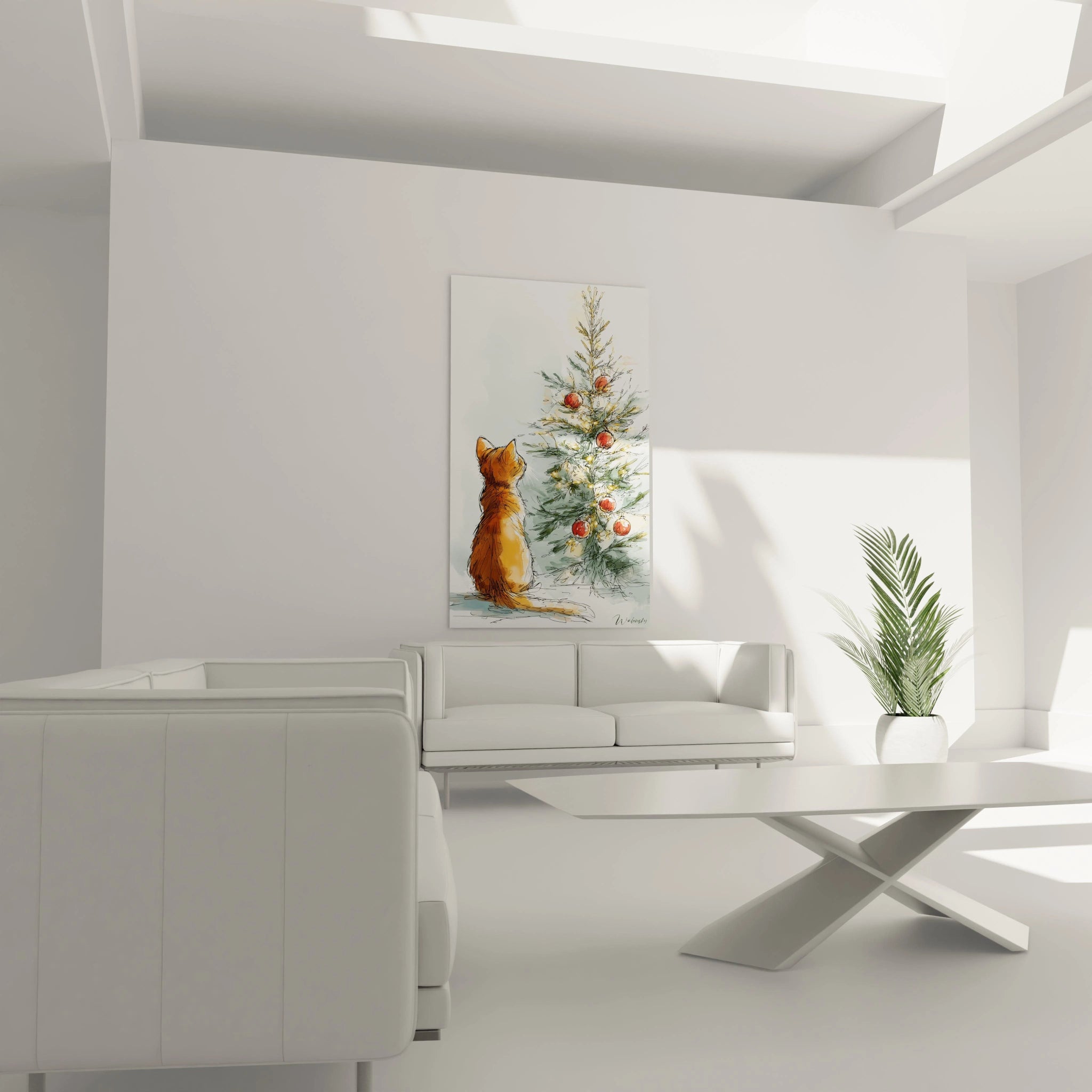 Tableau chat sapin Noël de Walensky avec un chat et un sapin décoré dans un intérieur moderne